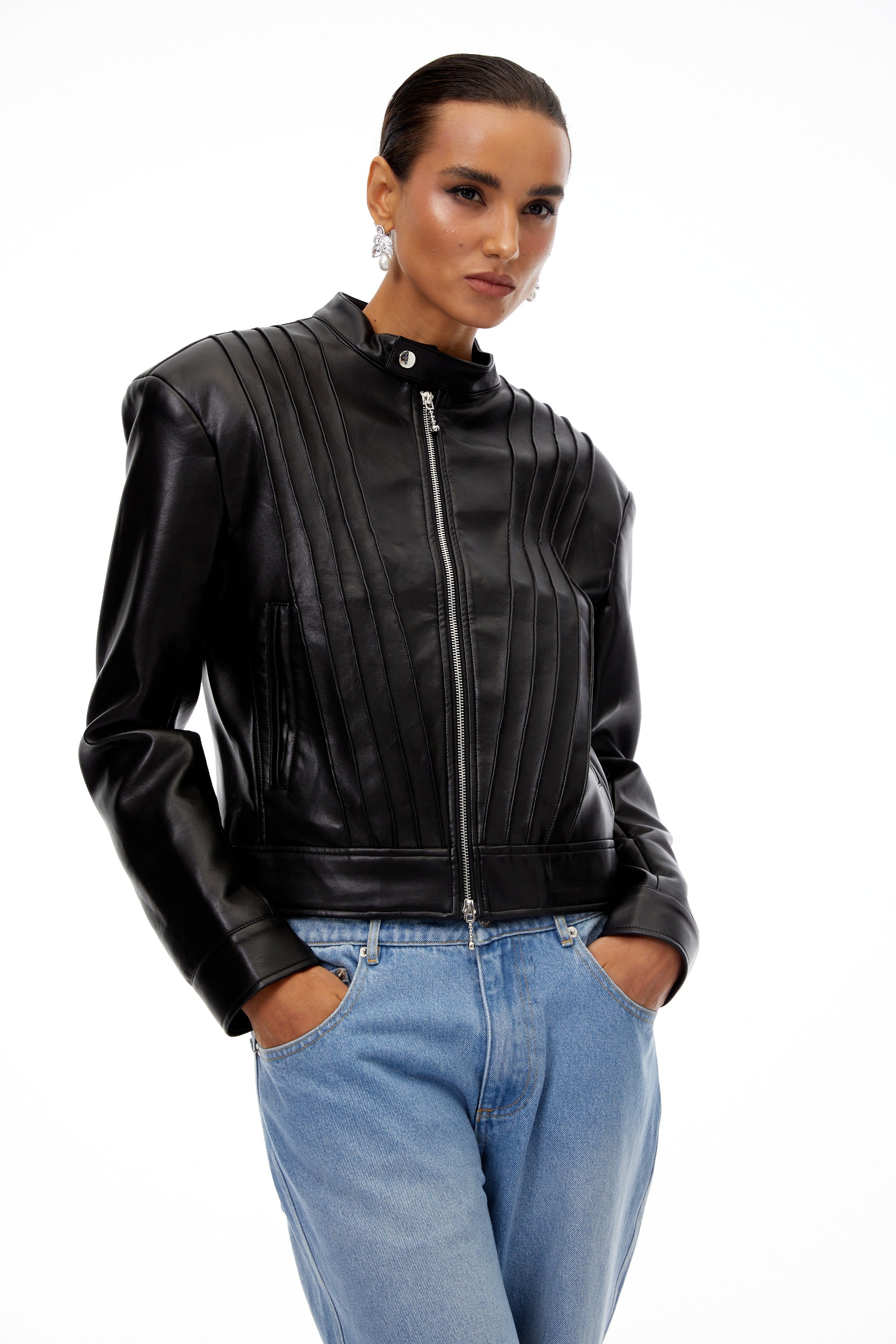 Quitterie Black Pleated Leather Biker Jacket