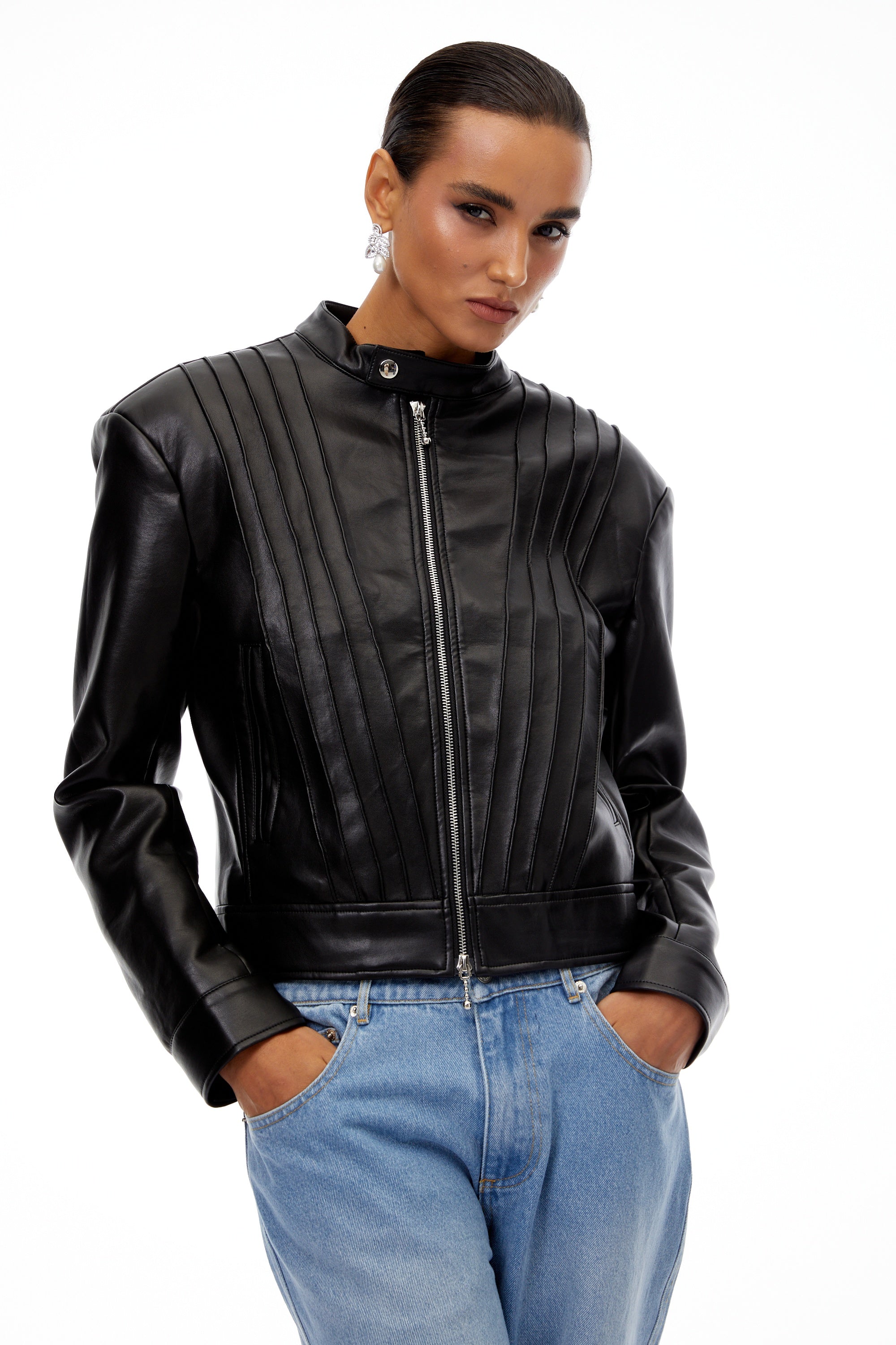 Quitterie Black Pleated Leather Biker Jacket