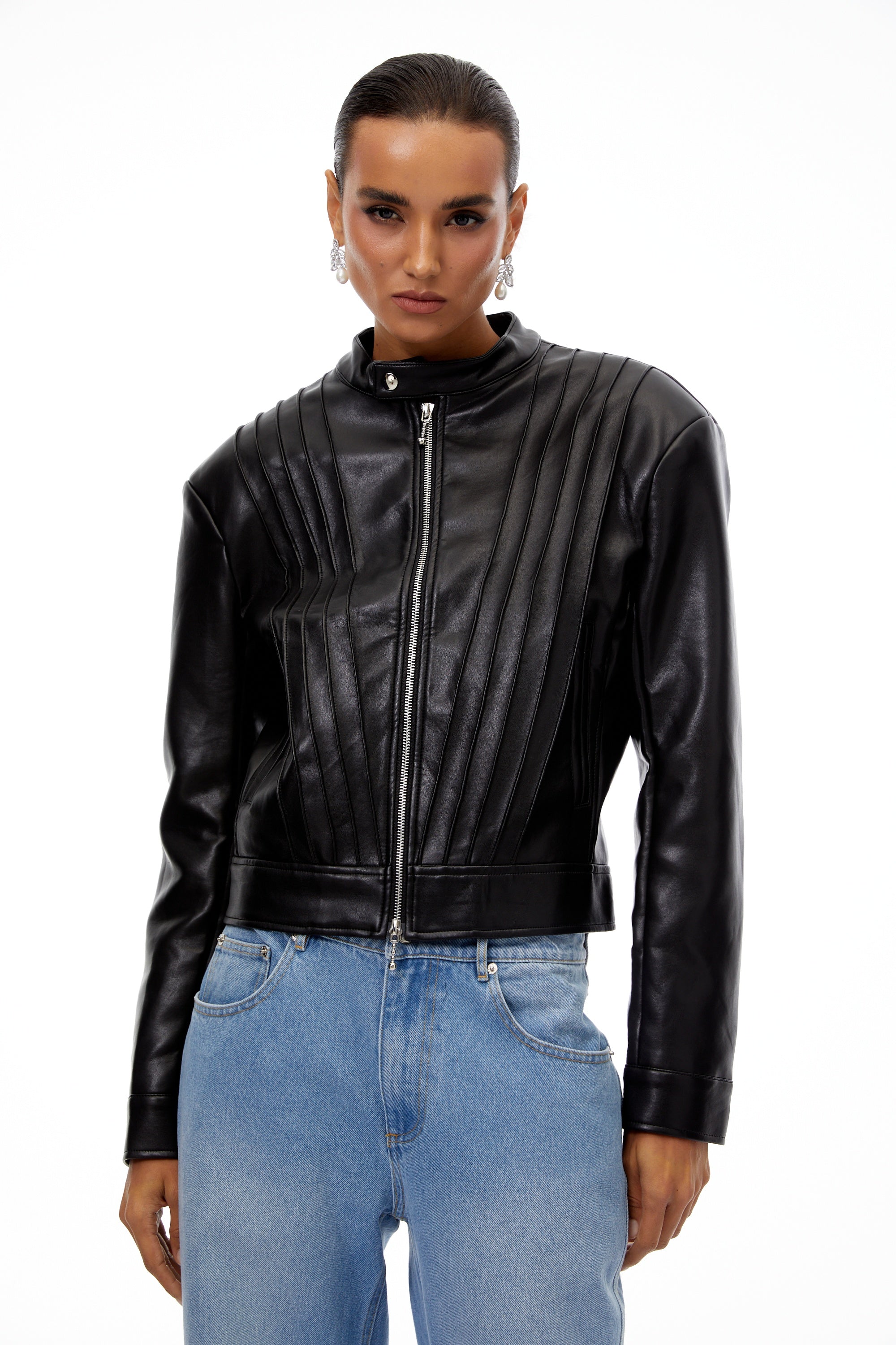 Quitterie Black Pleated Leather Biker Jacket