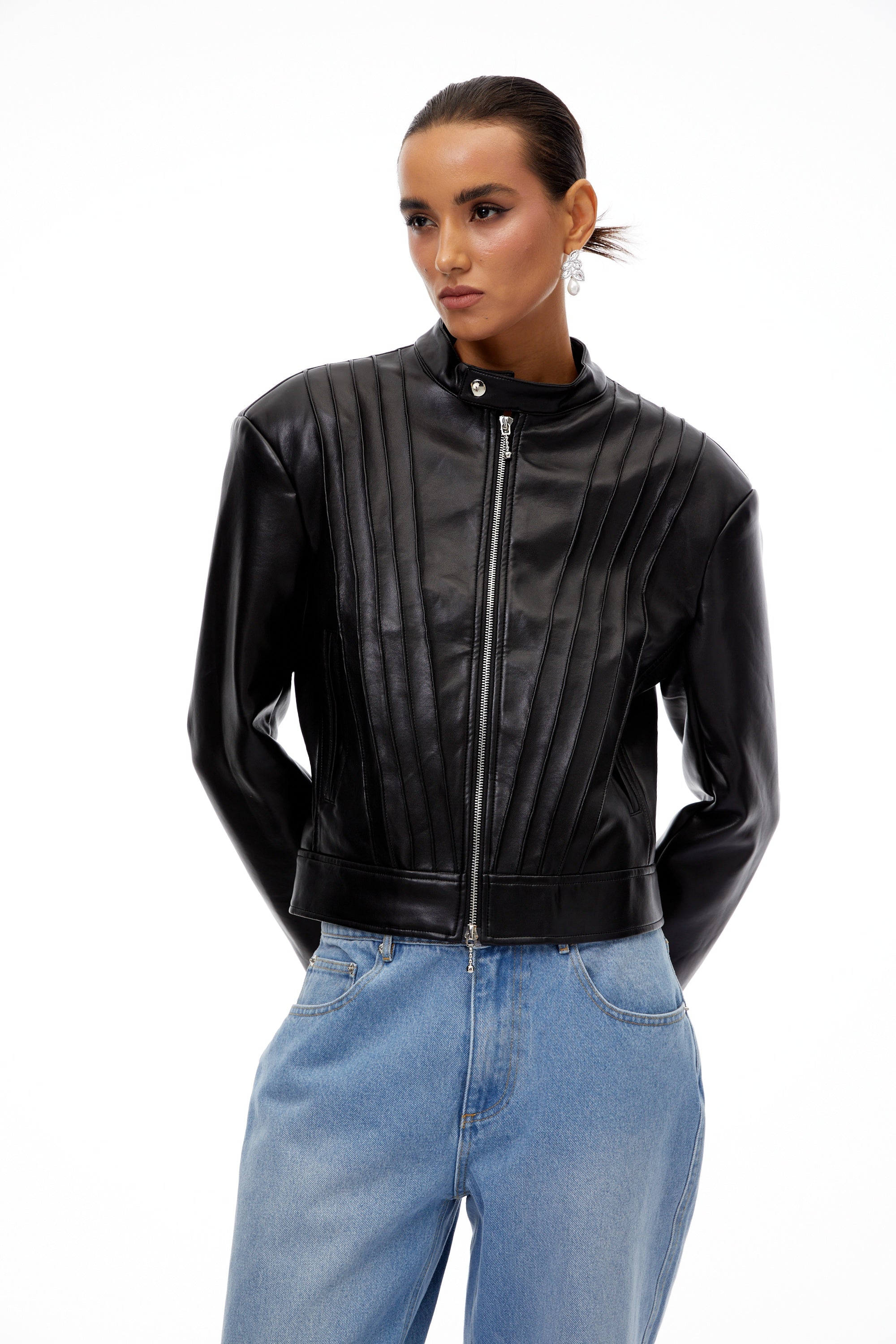 Quitterie Black Pleated Leather Biker Jacket
