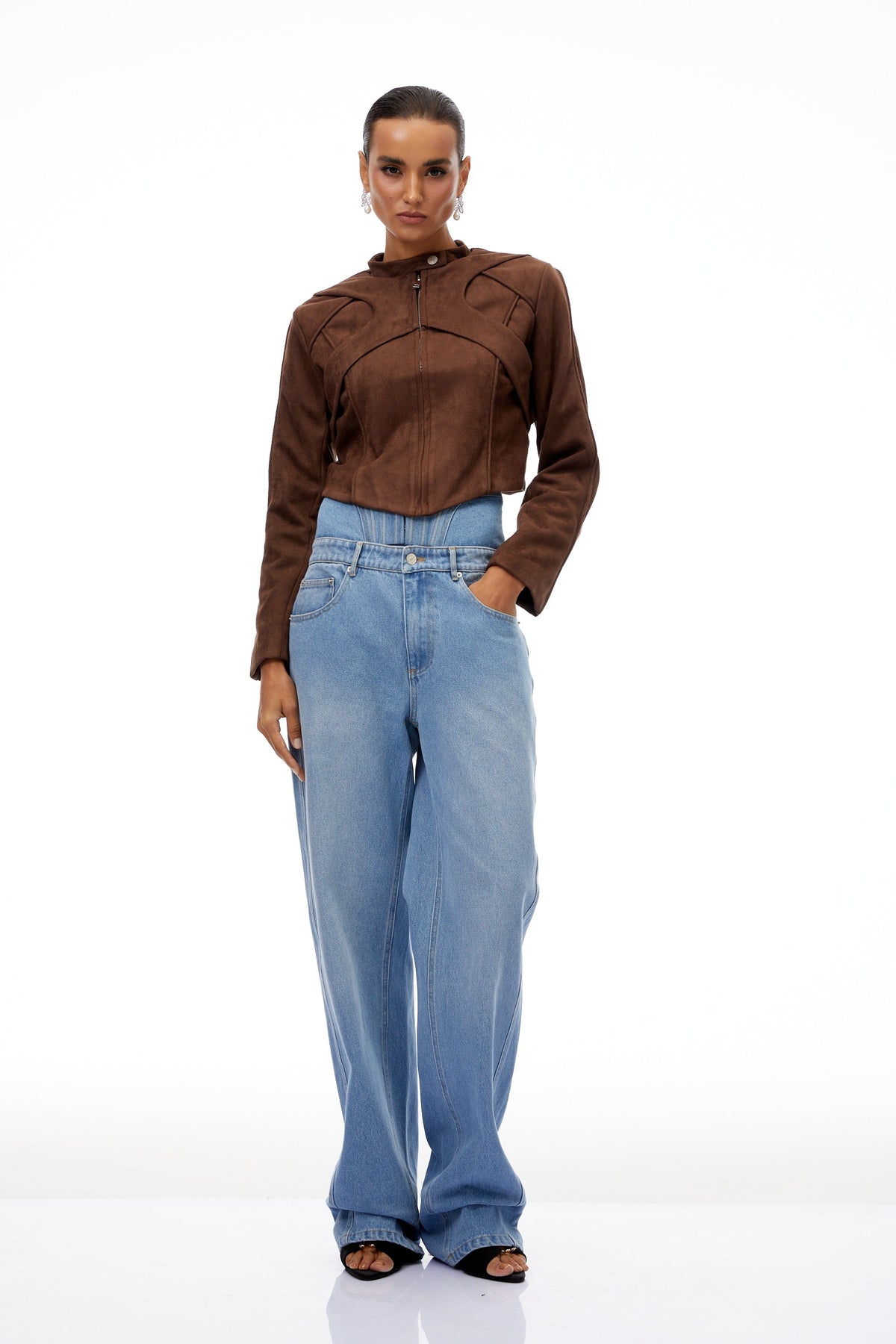 Honorine Brown Suede Crop Biker Jacket