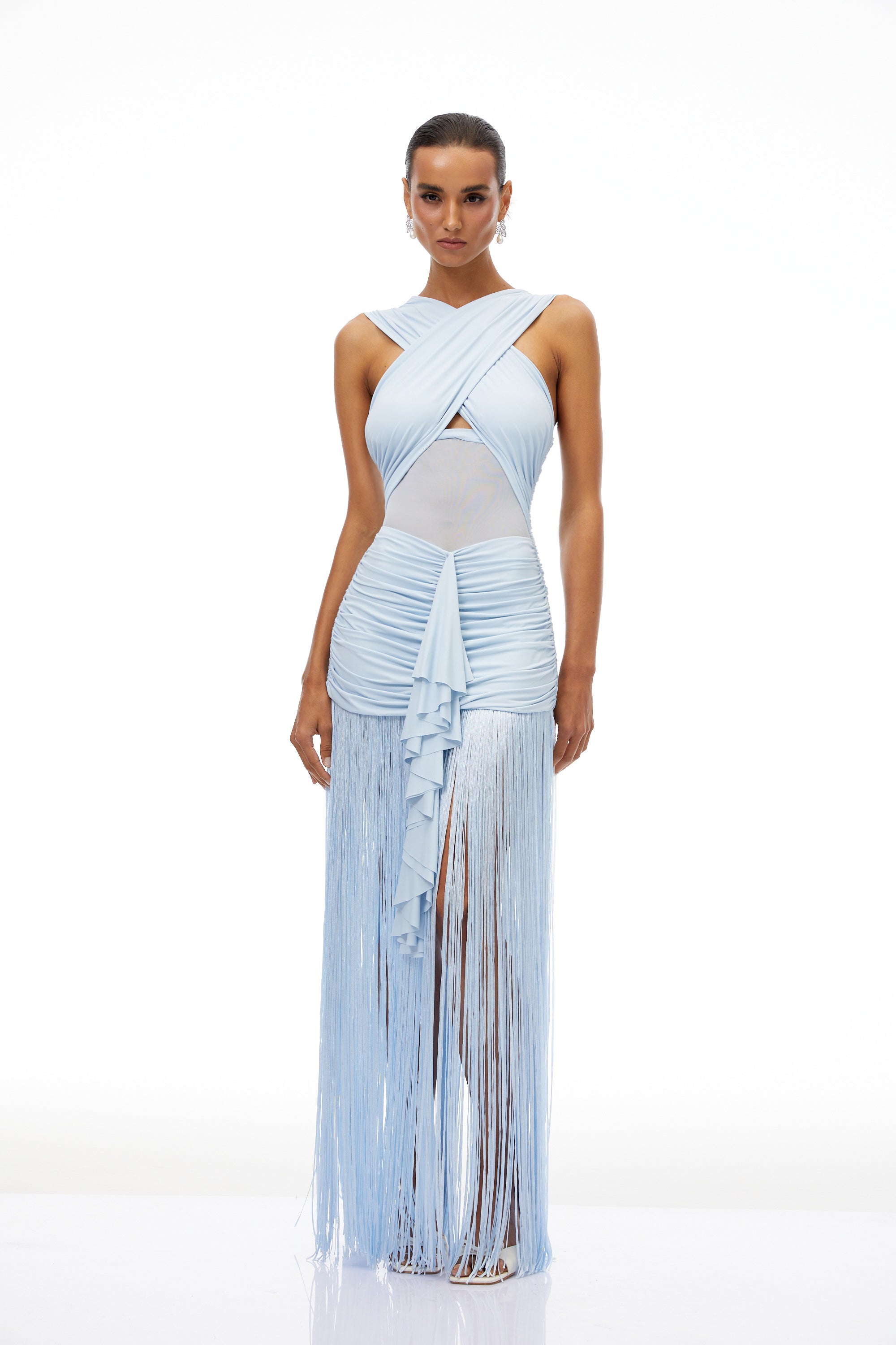 Bernadett Blue Fringed Ruched Maxi Dress