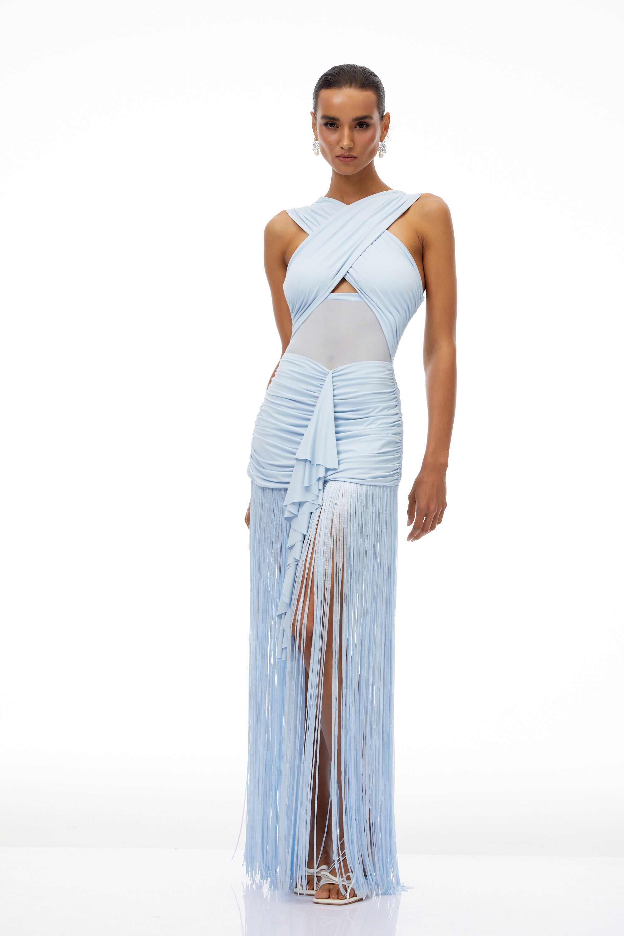 Bernadett Blue Fringed Ruched Maxi Dress