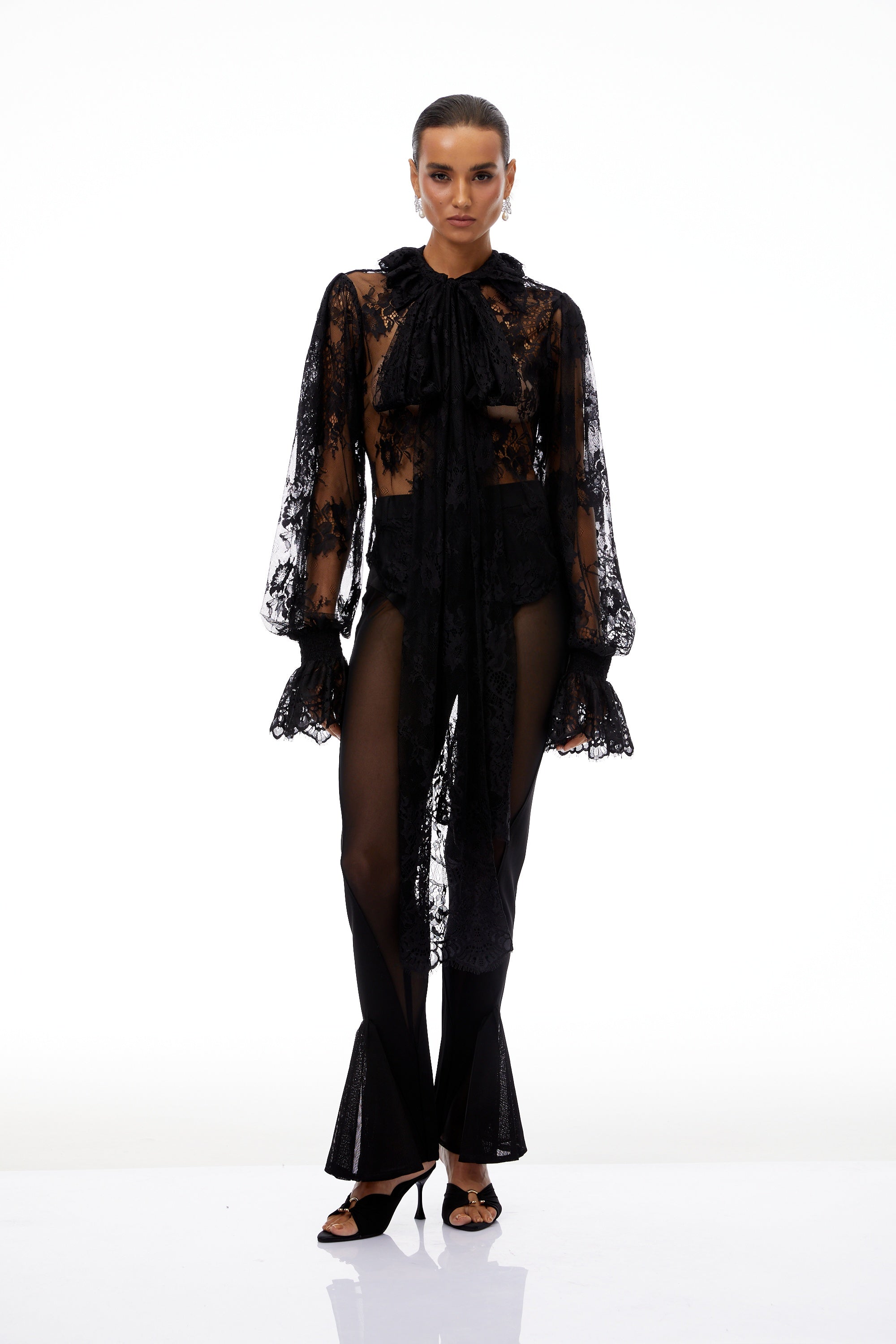 Quintine Black Ribbon Tie-Neck Floral Lace Blouse