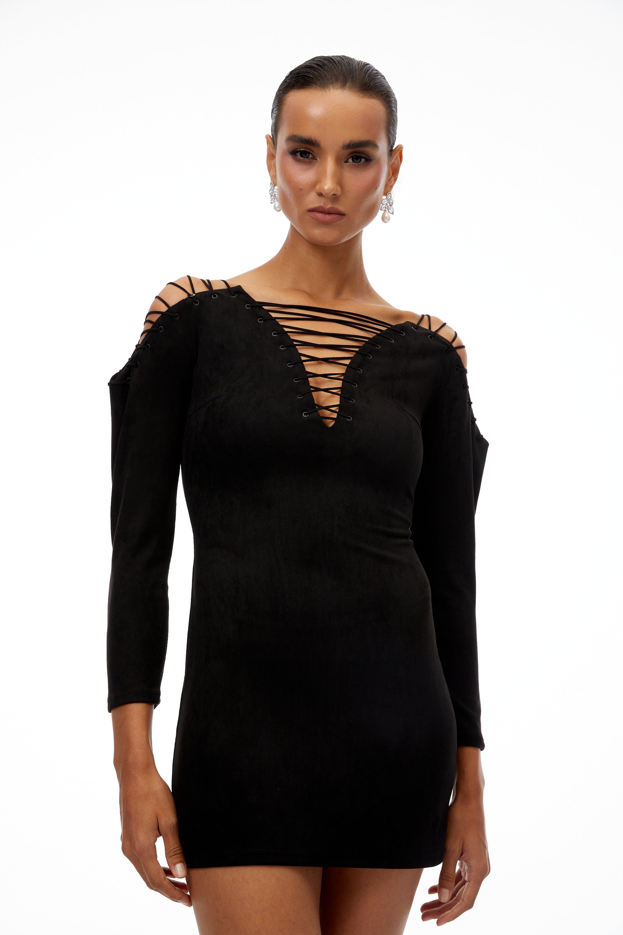 Quitterie Black Lace-Up Suede Mini Dress (Final Sale)