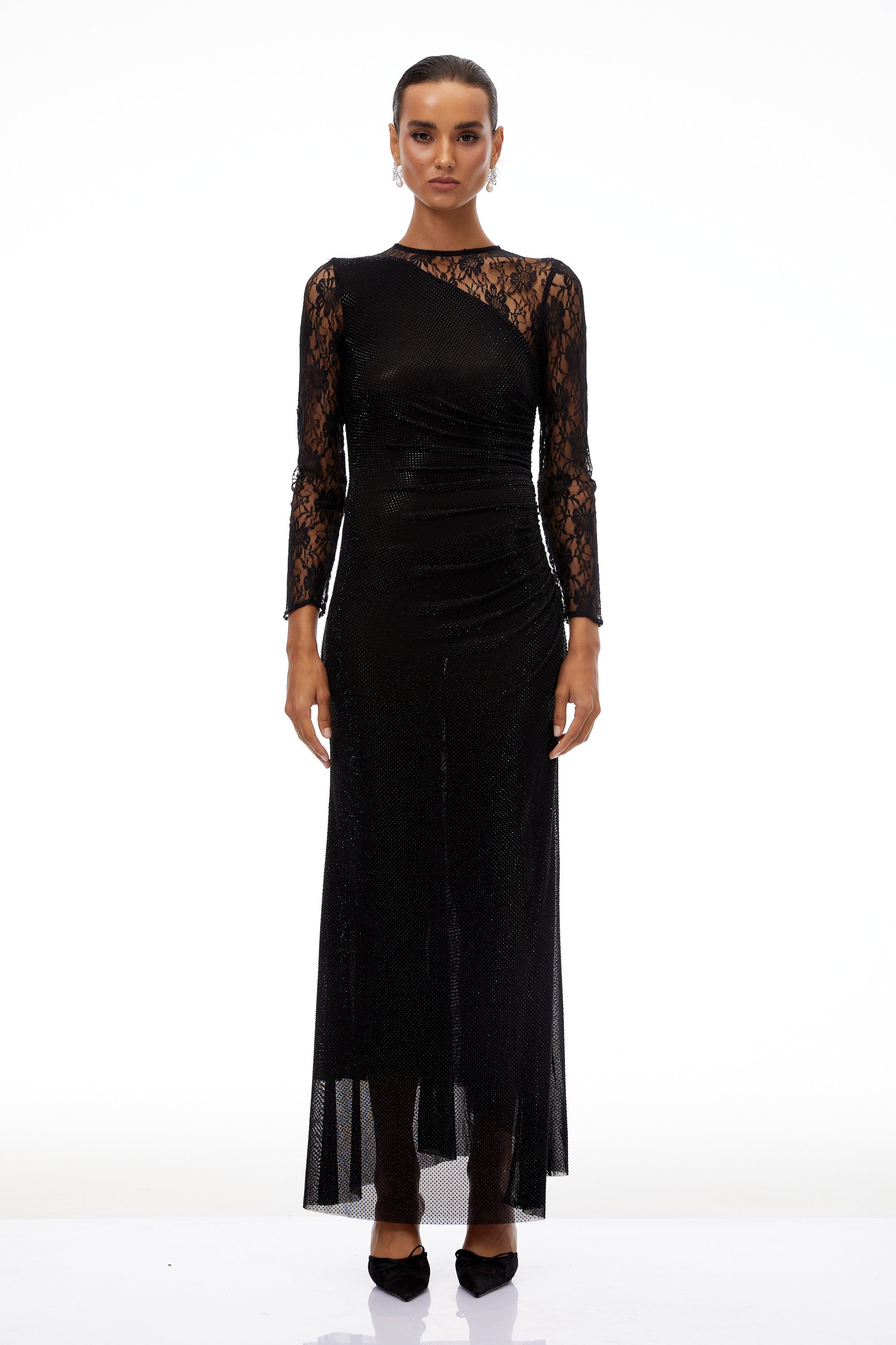 Rocío Black Lace Panel Rhinestone Maxi Dress