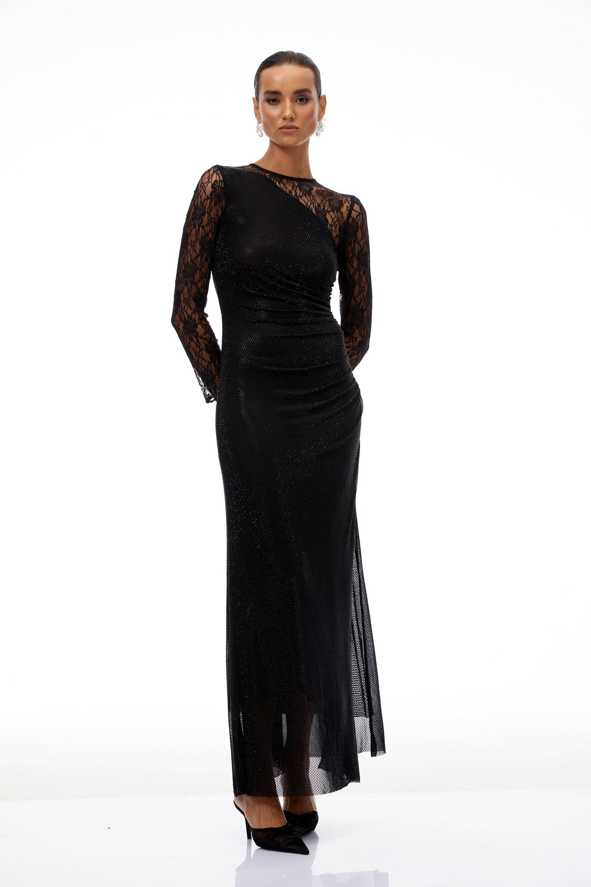 Rocío Black Lace Panel Rhinestone Maxi Dress