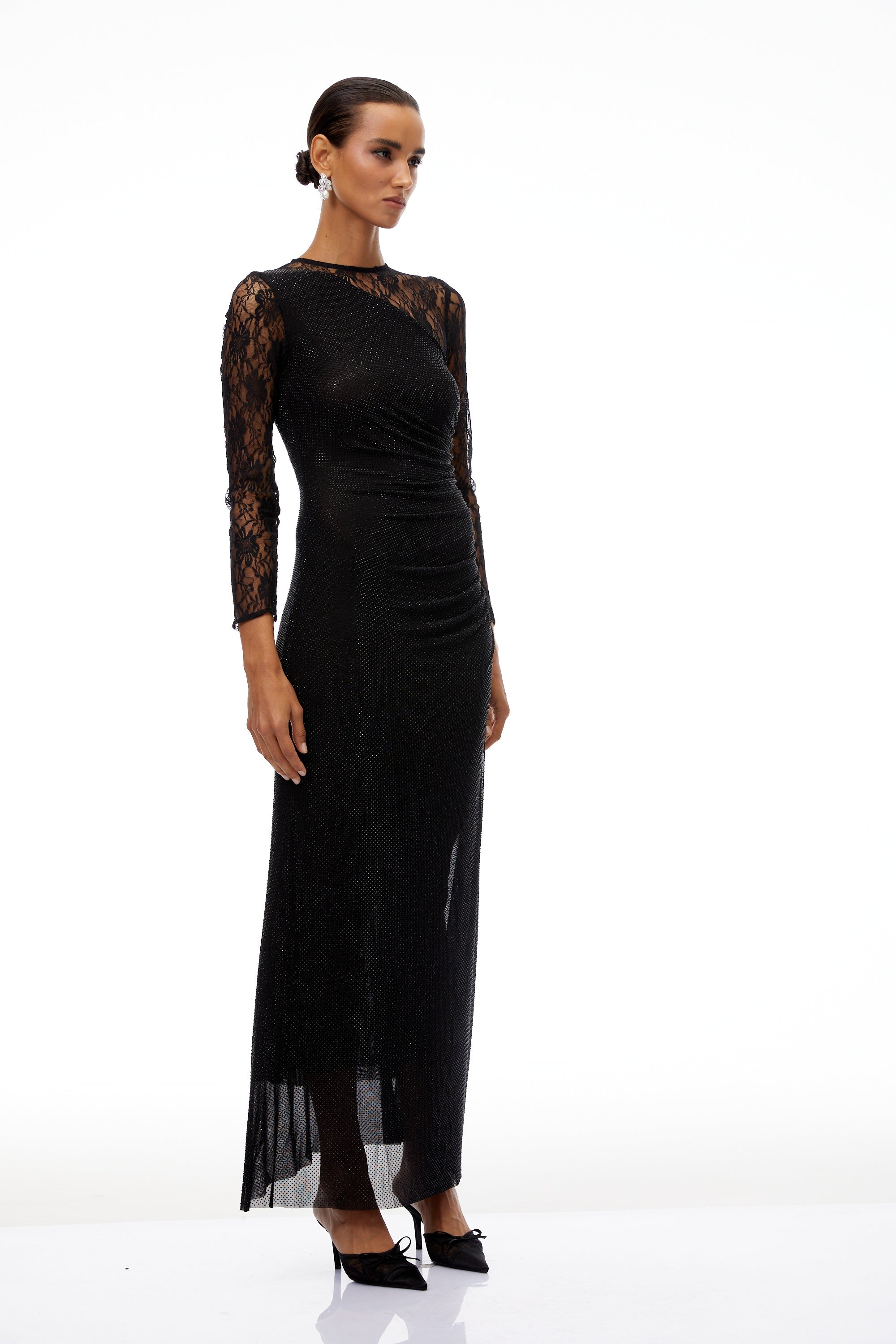 Rocío Black Lace Panel Rhinestone Maxi Dress