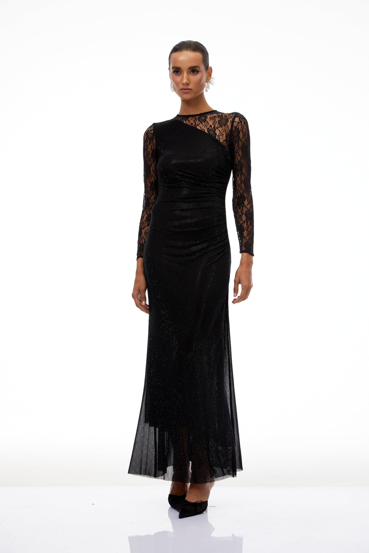 Rocío Black Lace Panel Rhinestone Maxi Dress