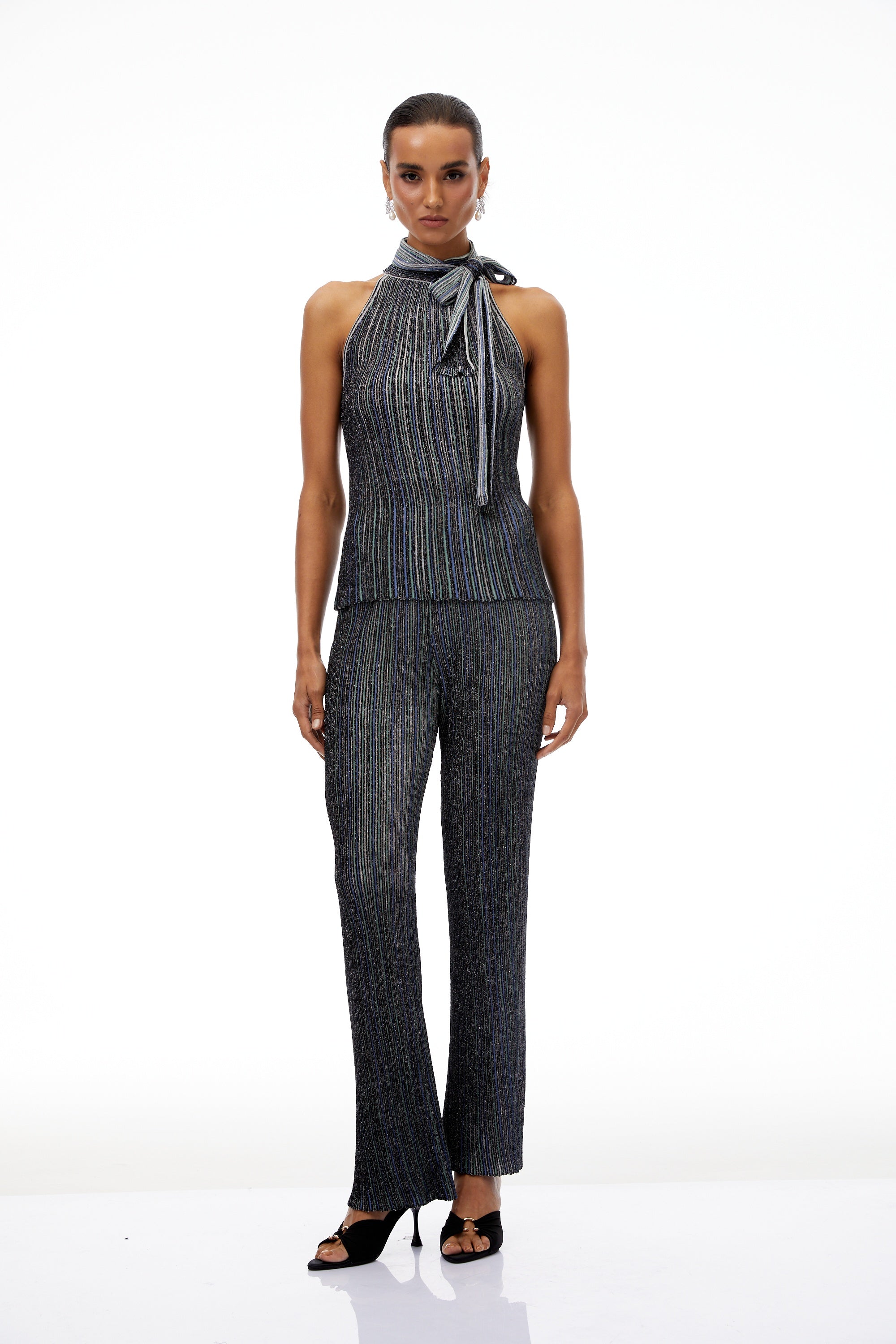 Szabina Grey Striped Knit Top & Trousers Set