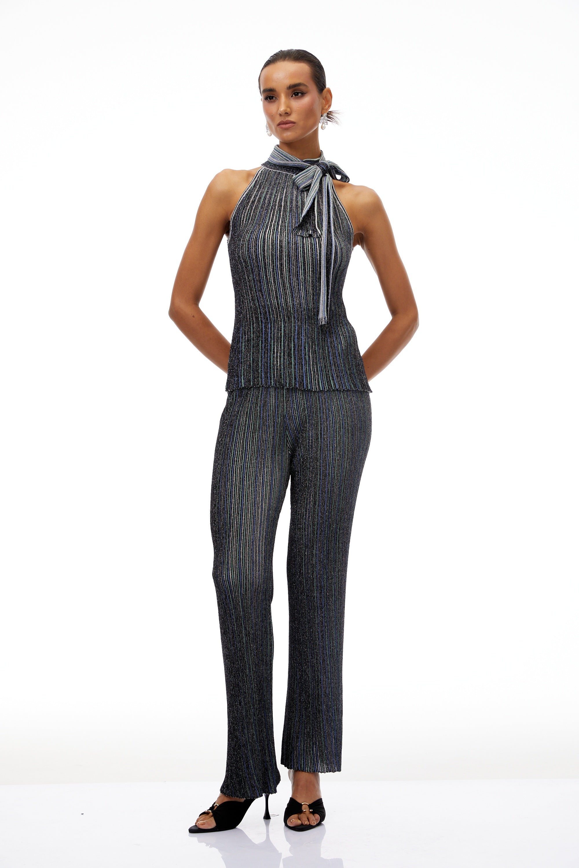 Szabina Grey Striped Knit Top & Trousers Set