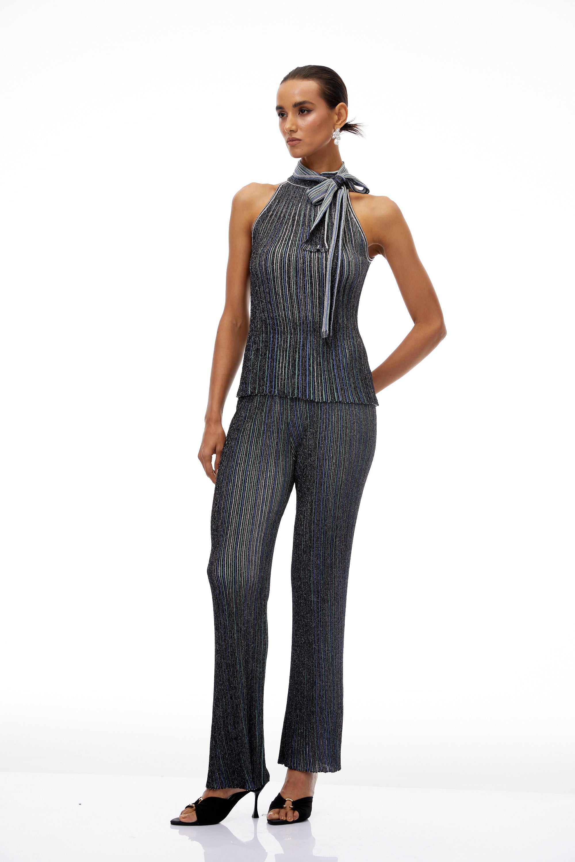 Szabina Grey Striped Knit Top & Trousers Set