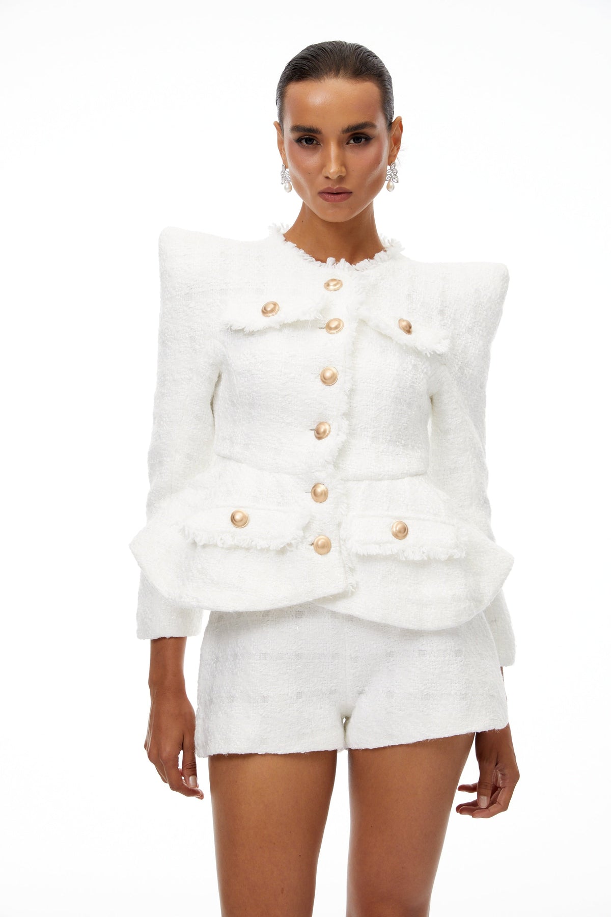 Séraphine White Frayed Tweed Jacket & Shorts Set - White