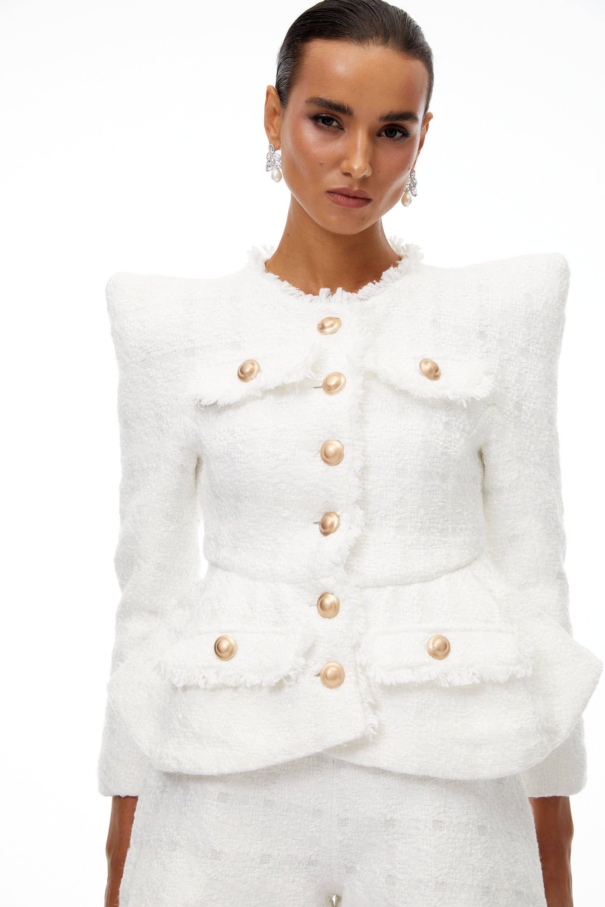 Séraphine White Frayed Tweed Jacket & Shorts Set