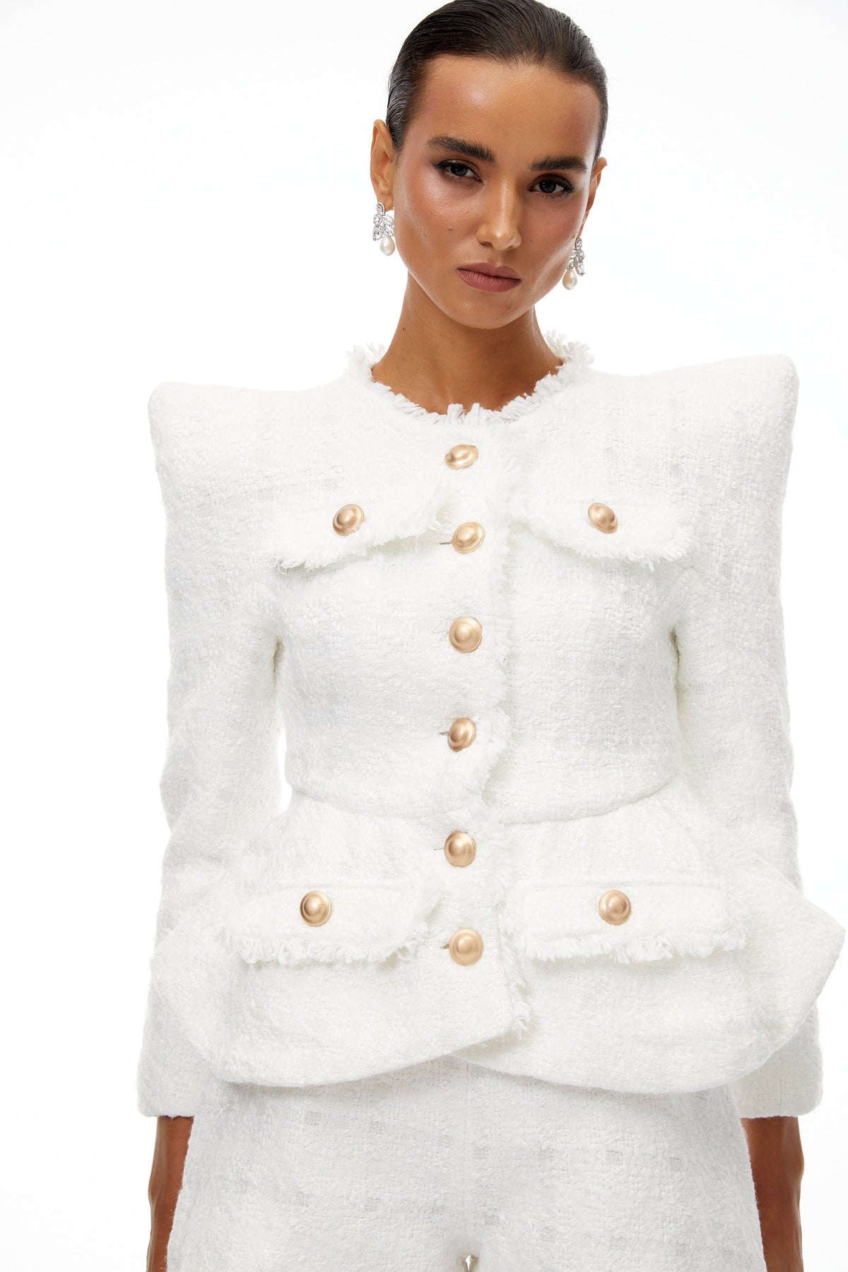 Séraphine White Frayed Tweed Jacket & Shorts Set - White