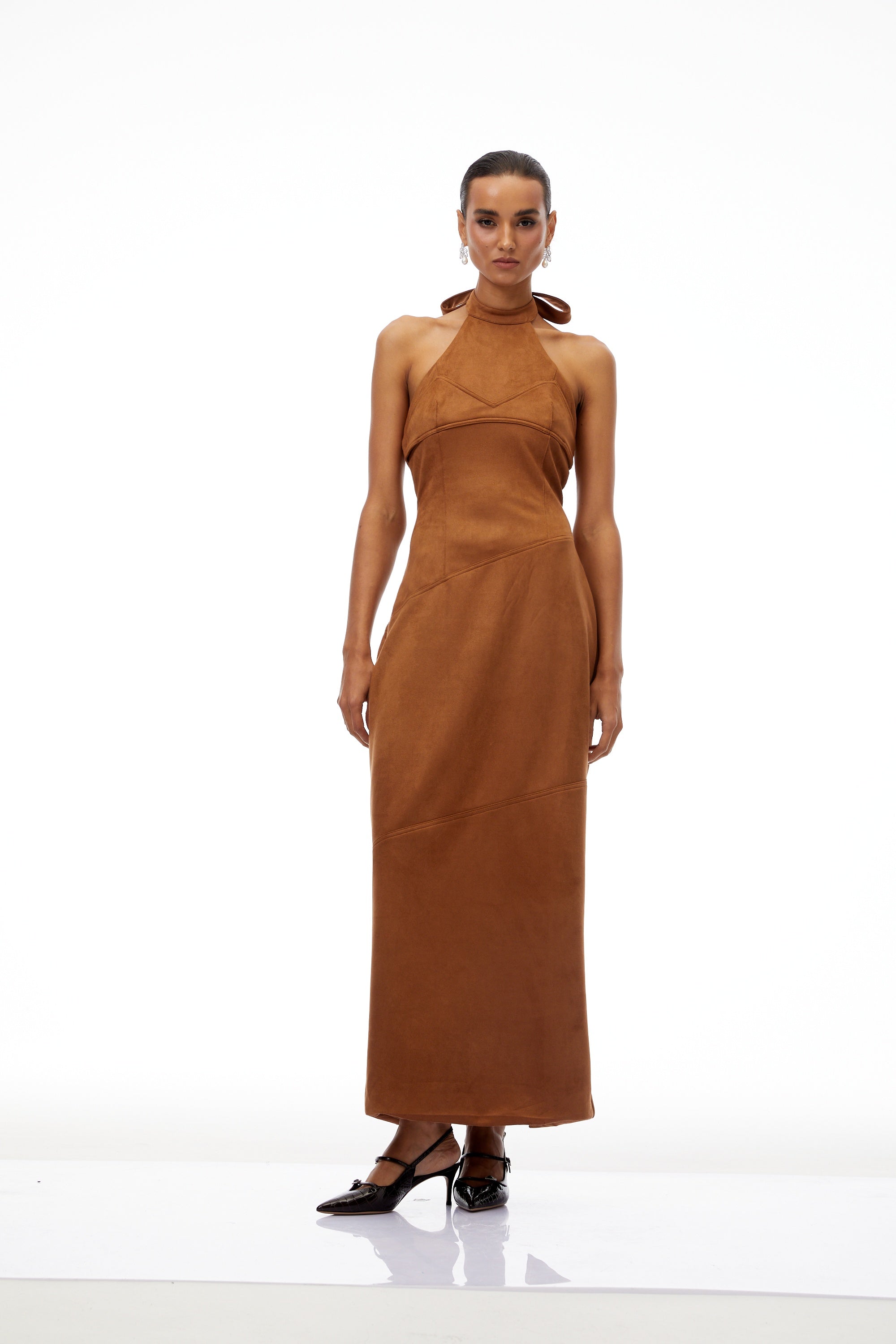 Florence Brown Halterneck Suede Maxi Dress