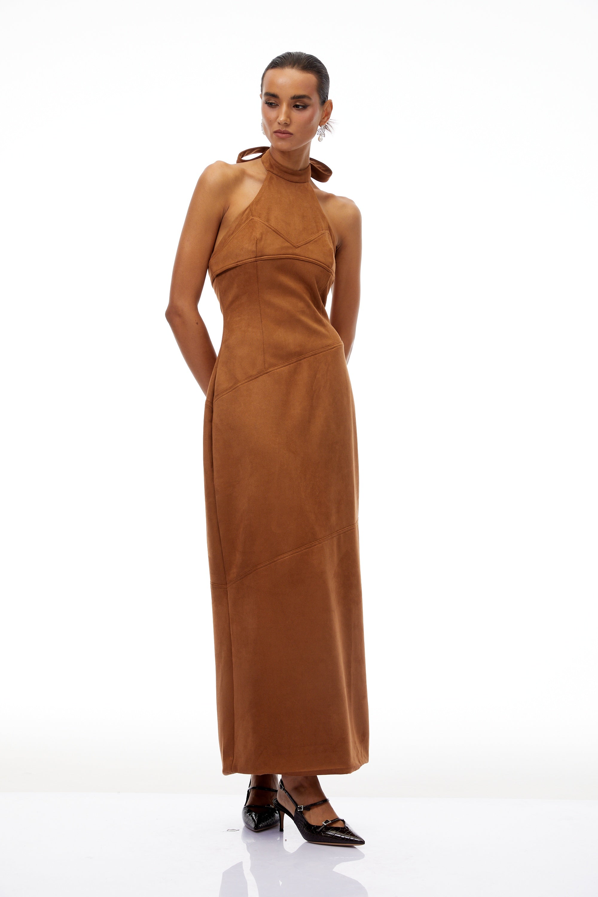 Florence Brown Halterneck Suede Maxi Dress
