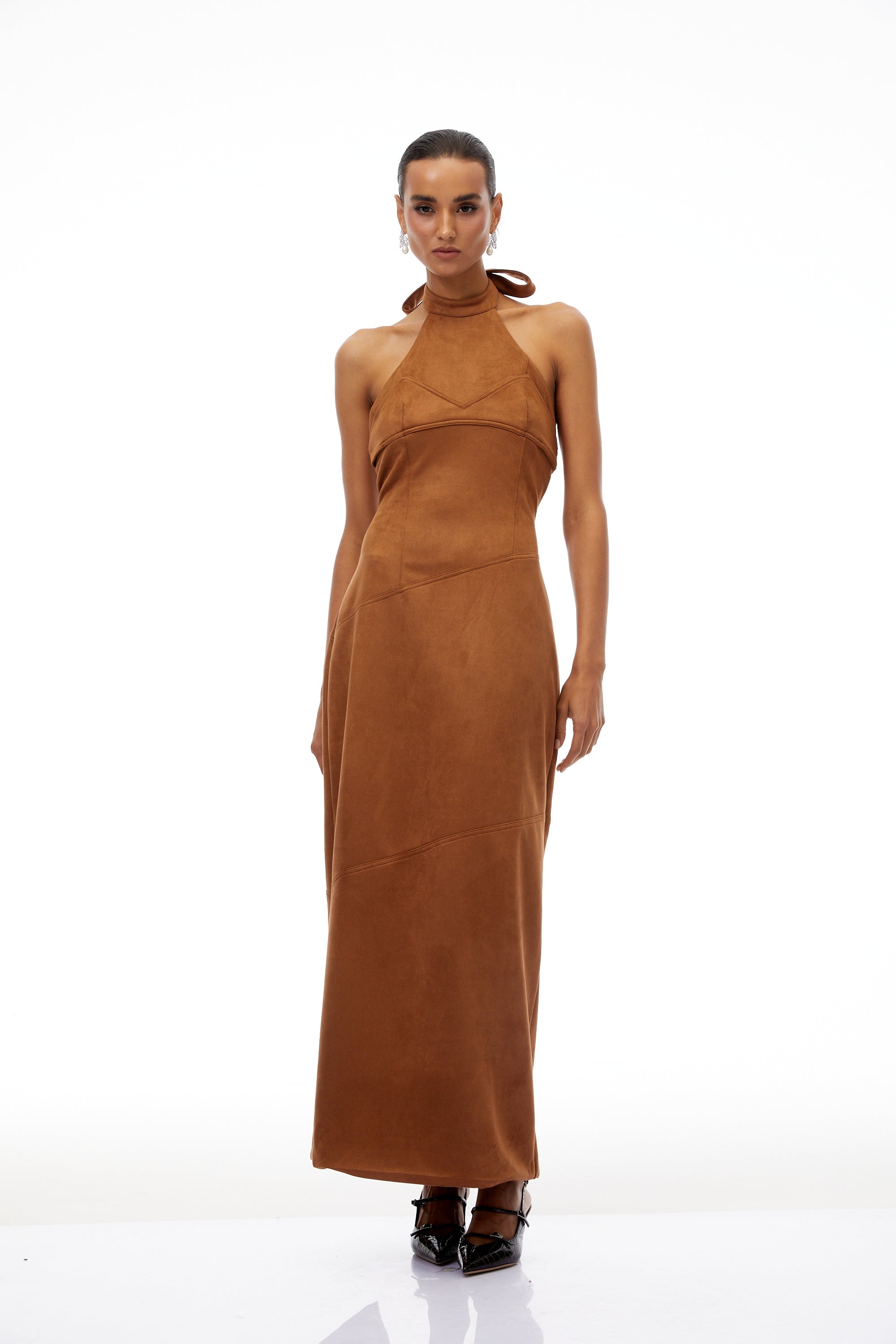 Florence Brown Halterneck Suede Maxi Dress