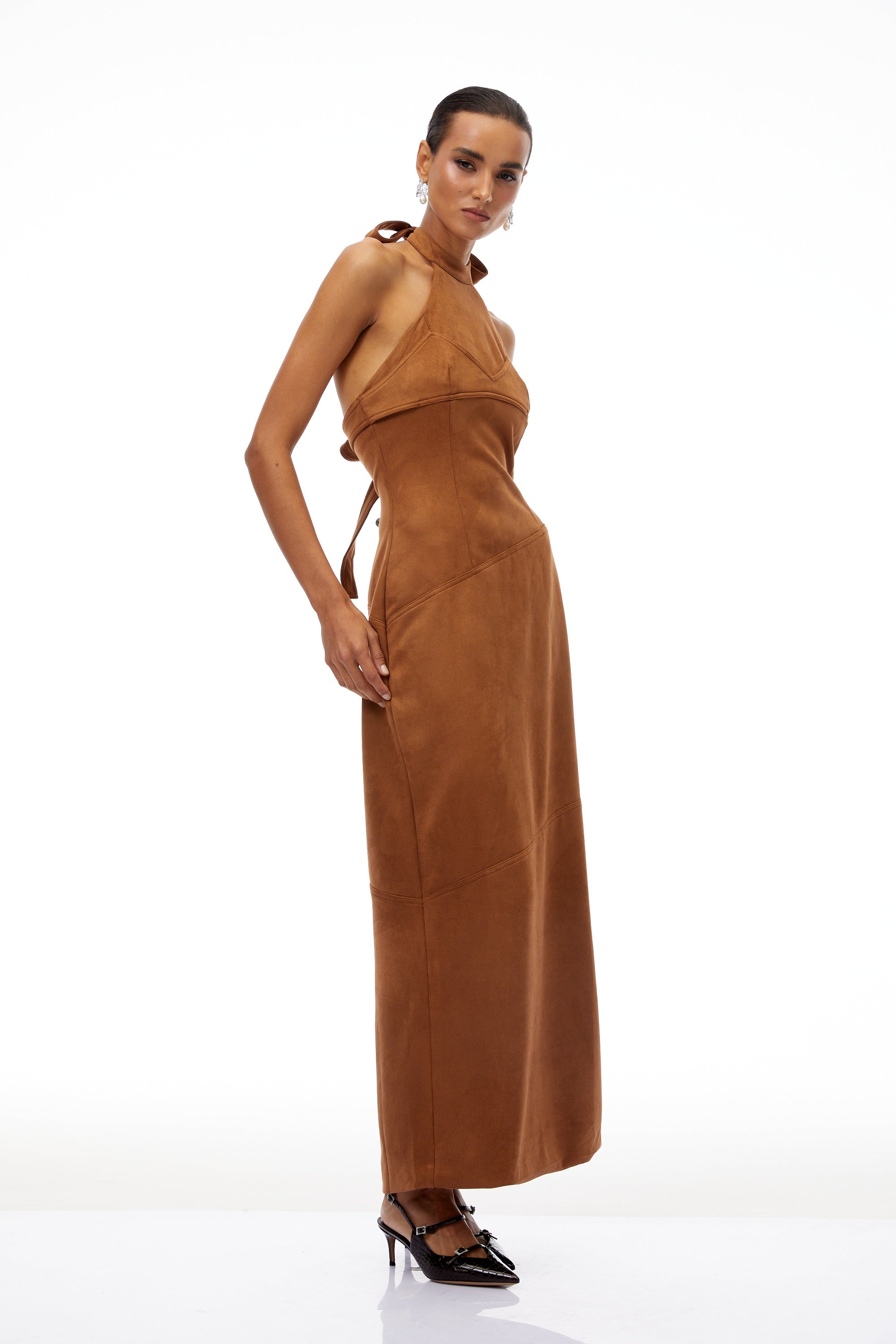 Florence Brown Halterneck Suede Maxi Dress