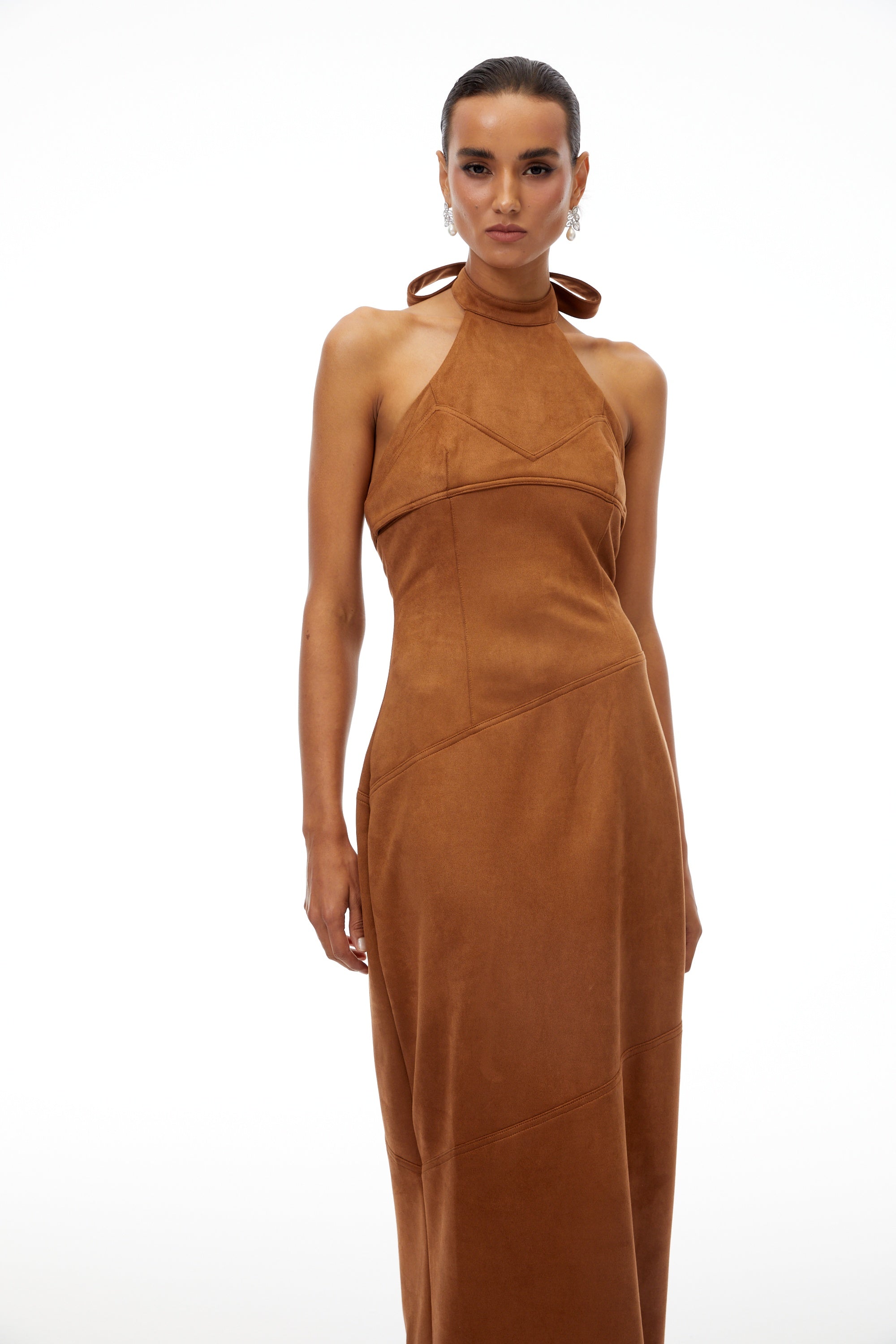 Florence Brown Halterneck Suede Maxi Dress
