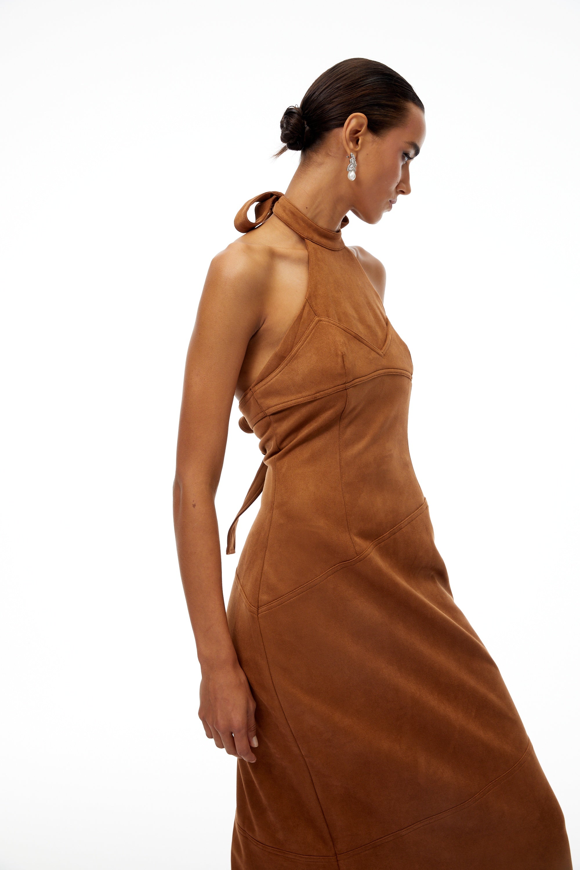 Florence Brown Halterneck Suede Maxi Dress