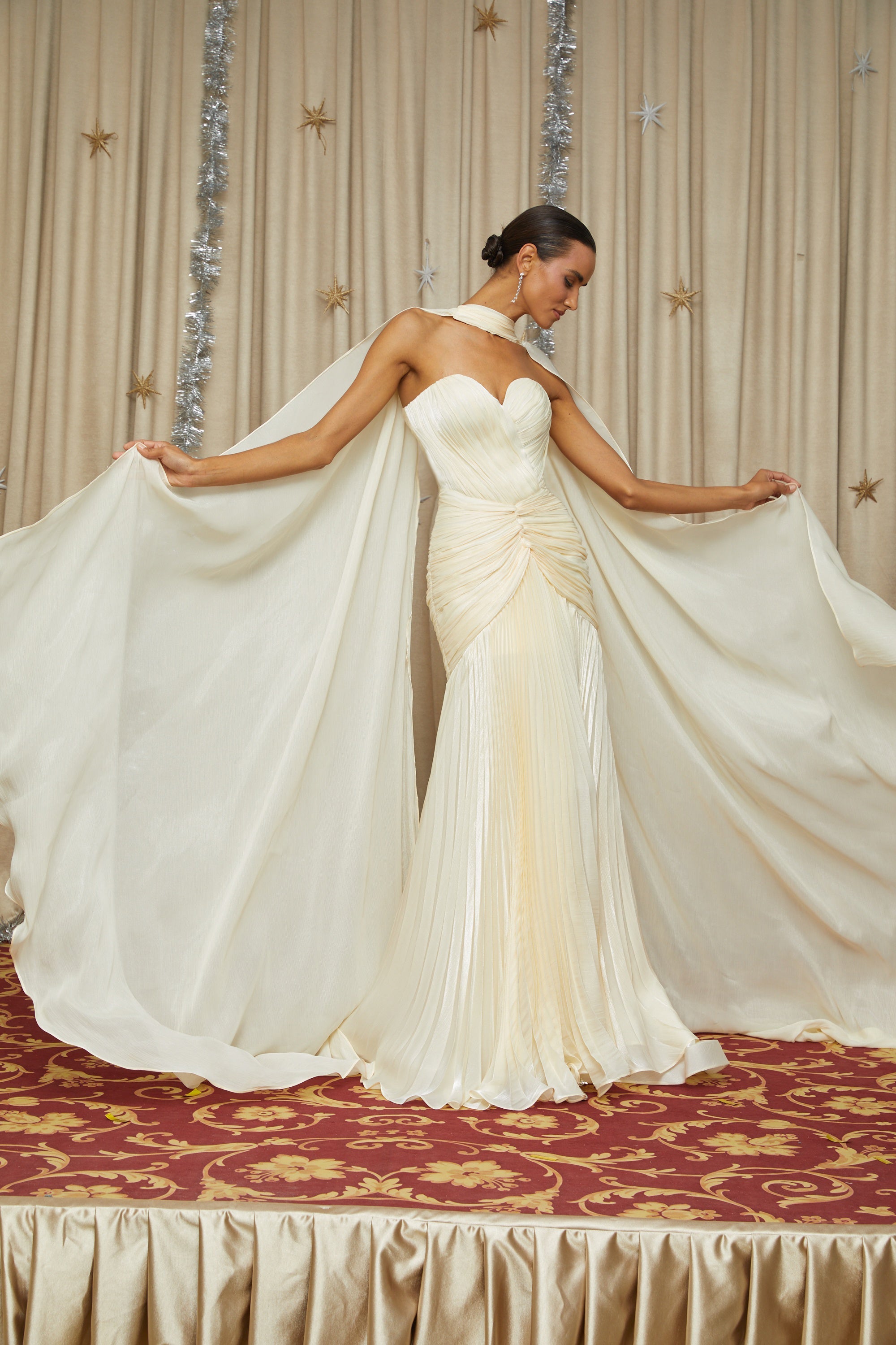 Roxane Yellow Cinched Waist Ruched Maxi Dress