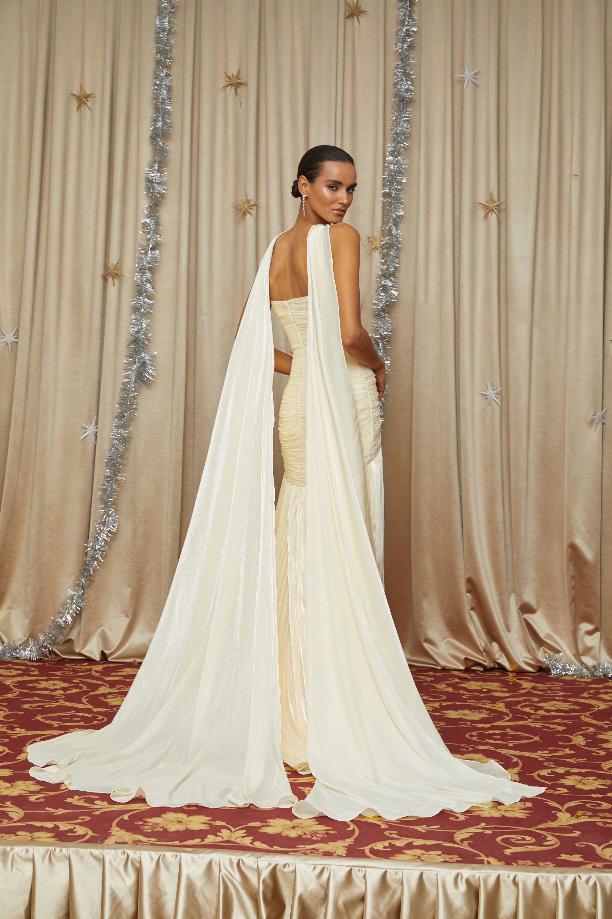 Roxane Yellow Cinched Waist Ruched Maxi Dress