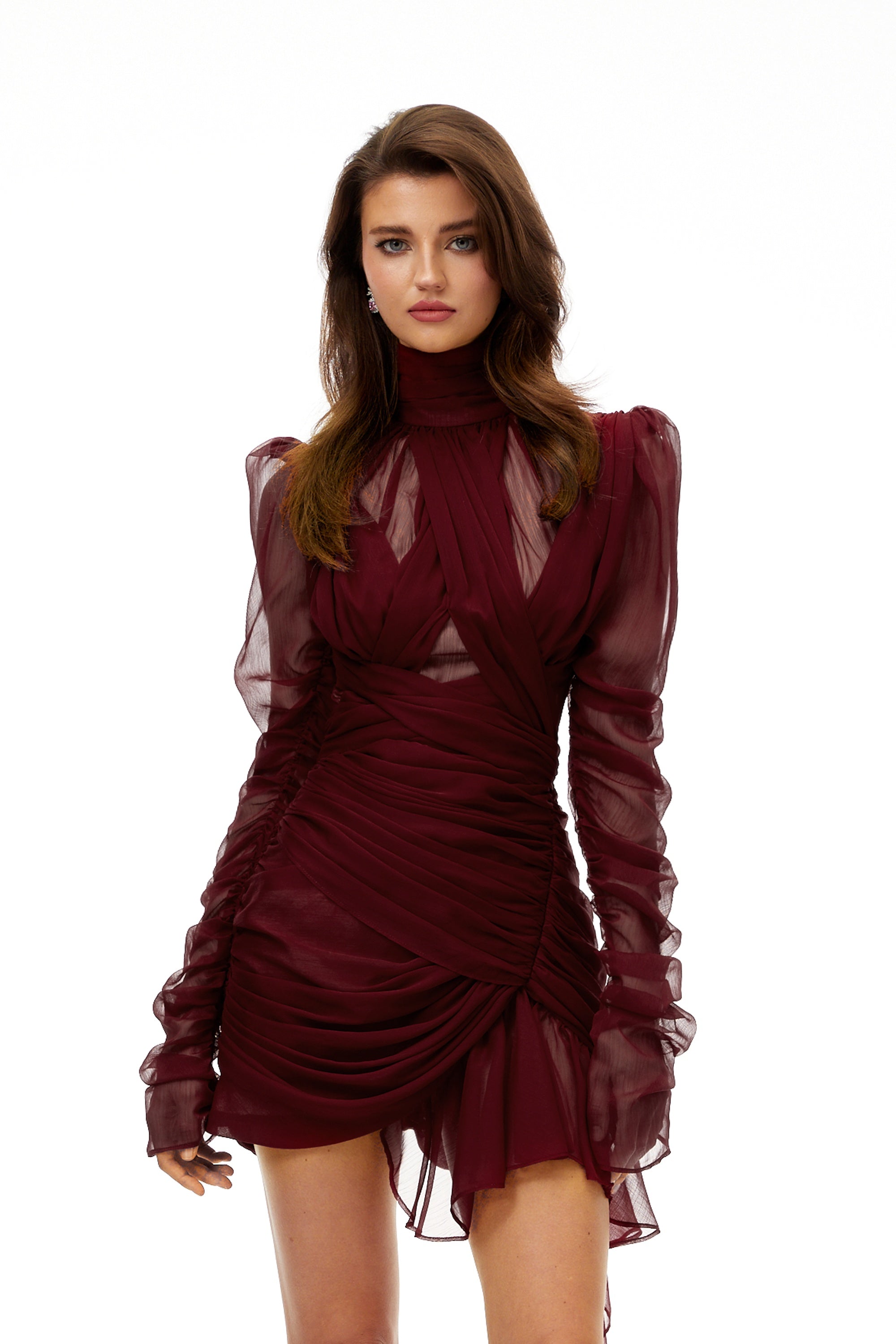Théa Burgundy Asymmetrical Ruched Mini Dress