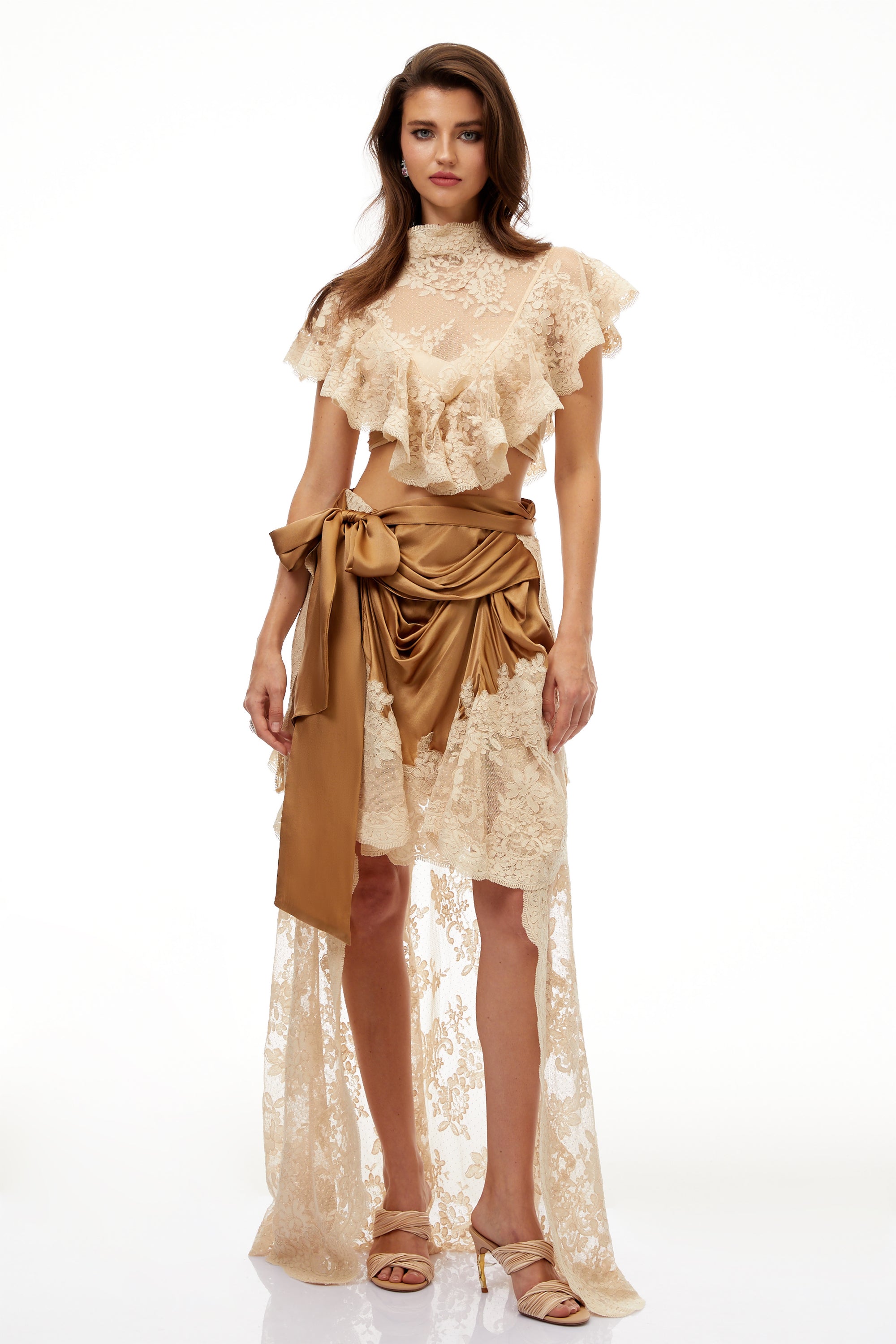 Pascale Neutral Asymmetrical Satin Panel Lace Skirt