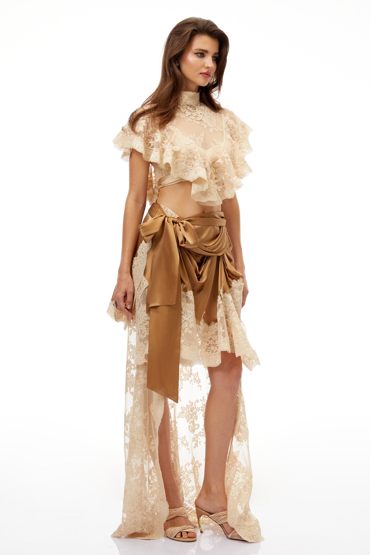 Pascale Neutral Asymmetrical Satin Panel Lace Skirt