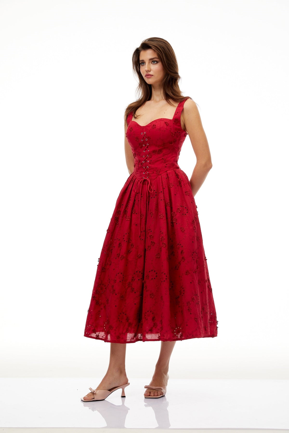 Panna Red Floral Embroidered Corset Midi Dress