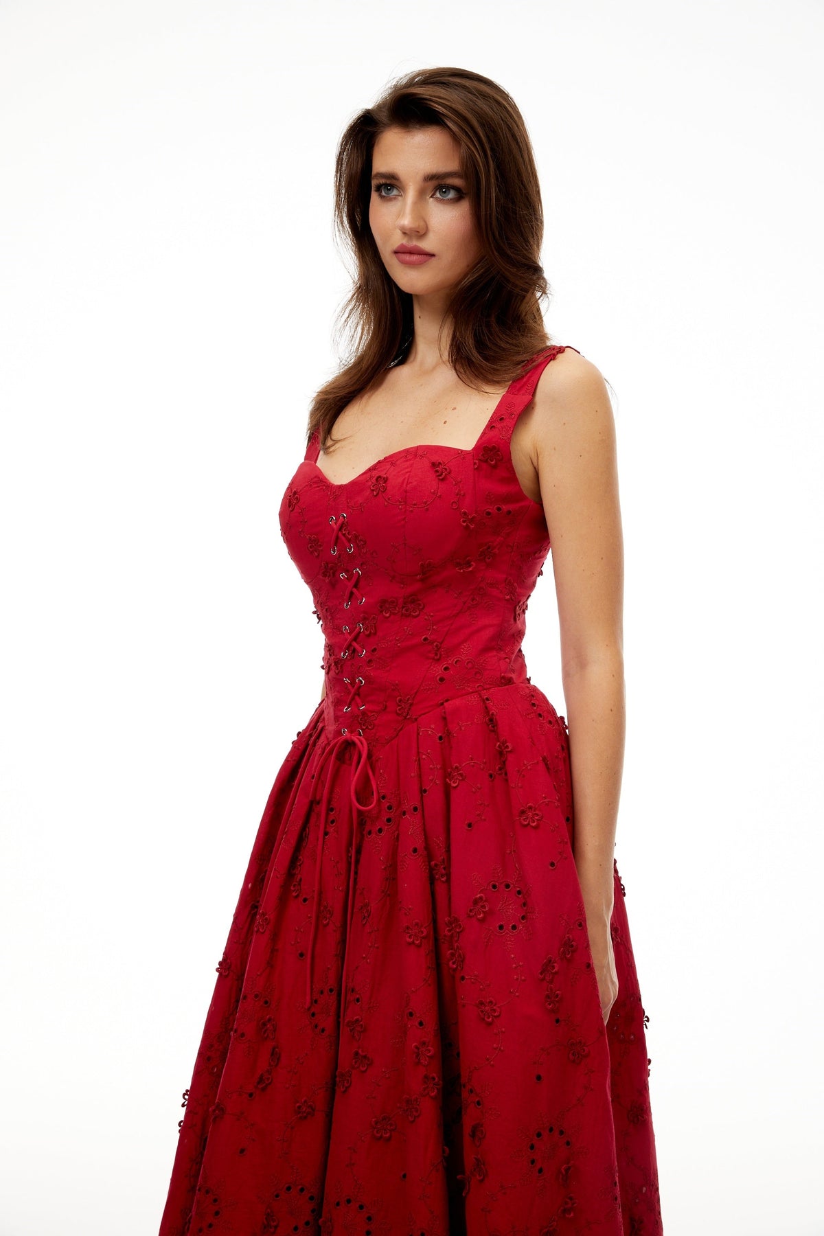Panna Red Floral Embroidered Corset Midi Dress