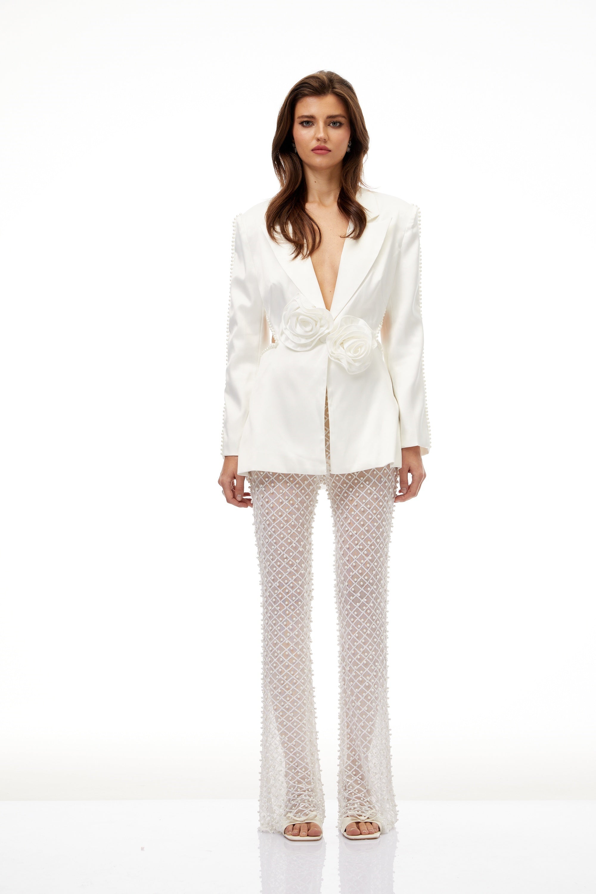 Aristița White Faux-Pearl Floral Blazer & Trousers Set