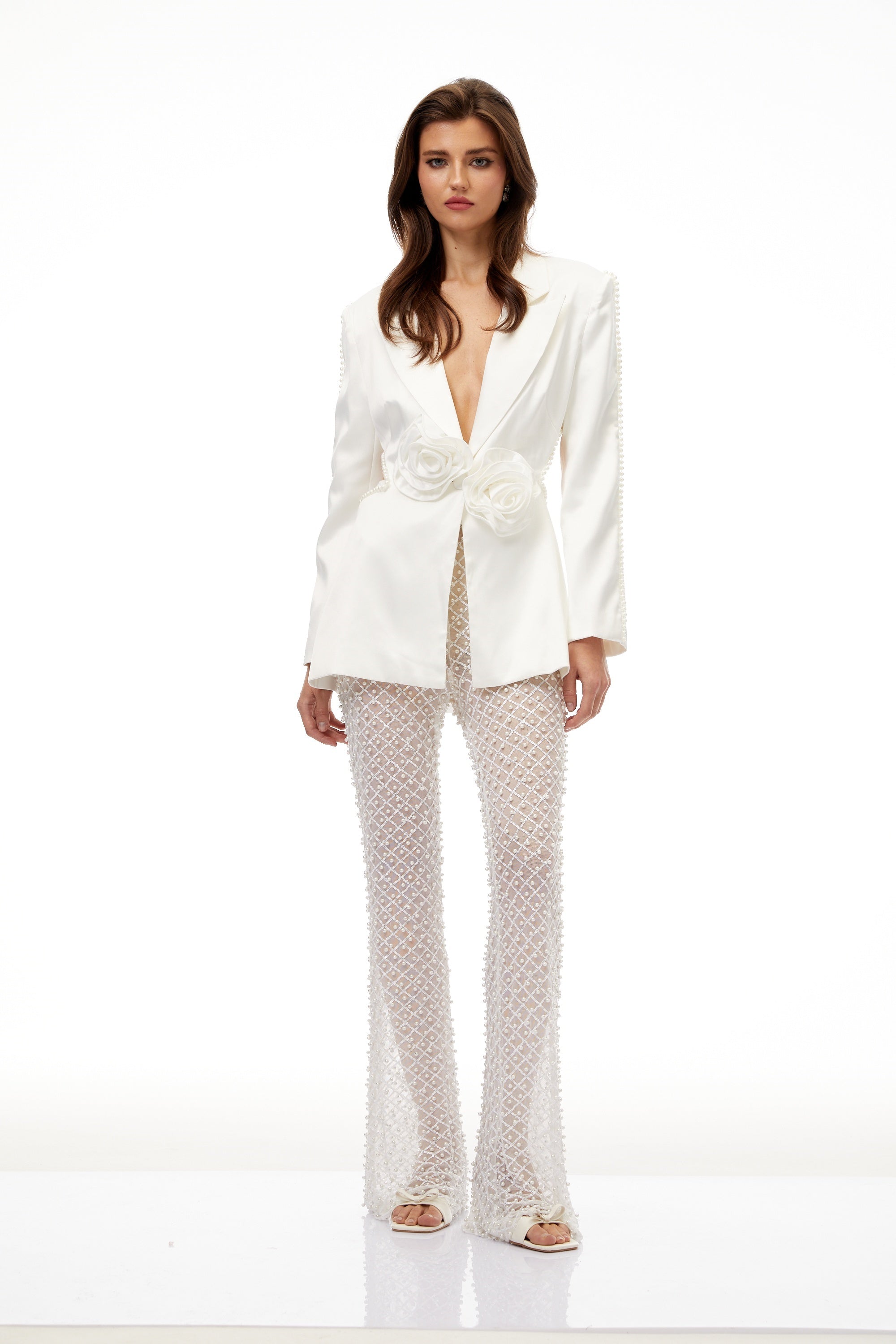 Aristița White Faux-Pearl Floral Blazer & Trousers Set
