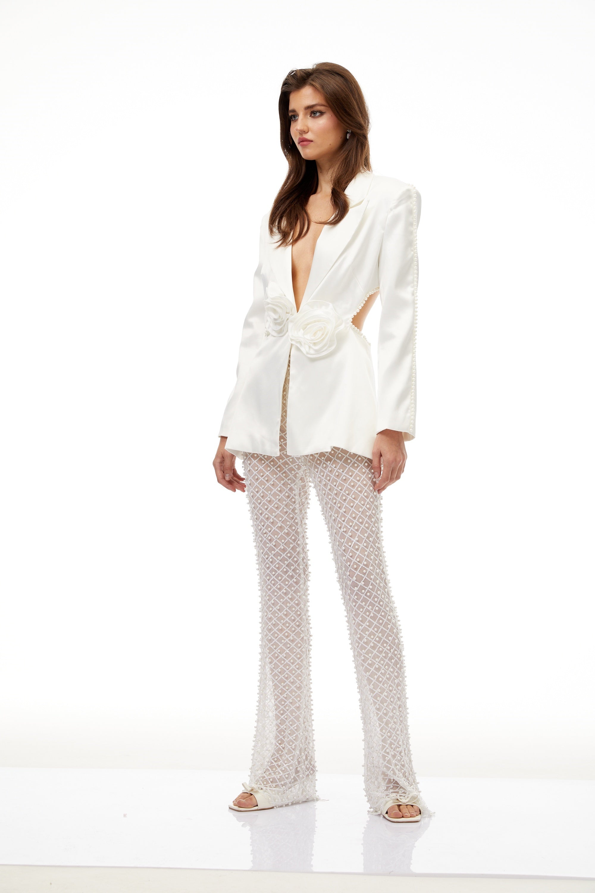 Aristița White Faux-Pearl Floral Blazer & Trousers Set