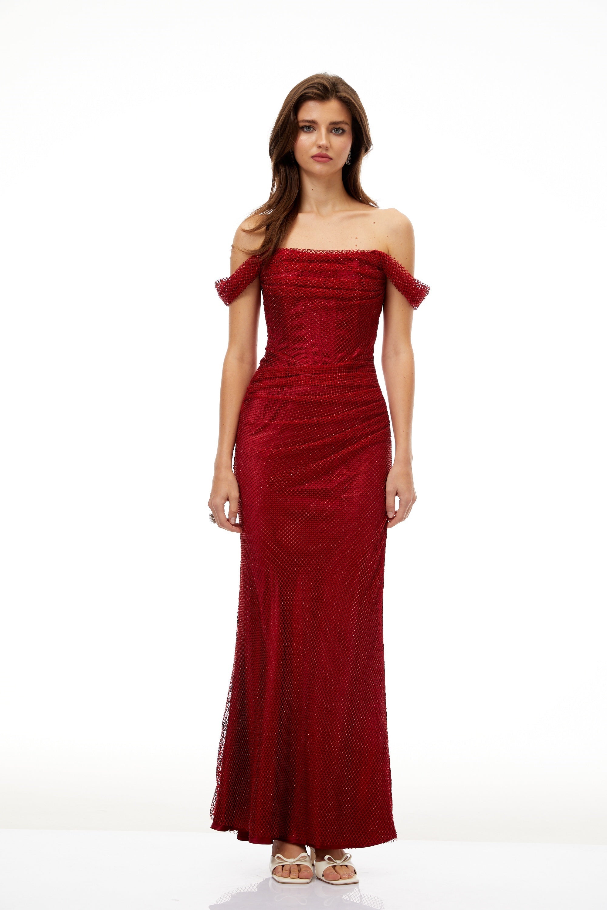 Scarlet Red Off-Shoulder Rhinestone Evening Gown (Final Sale)