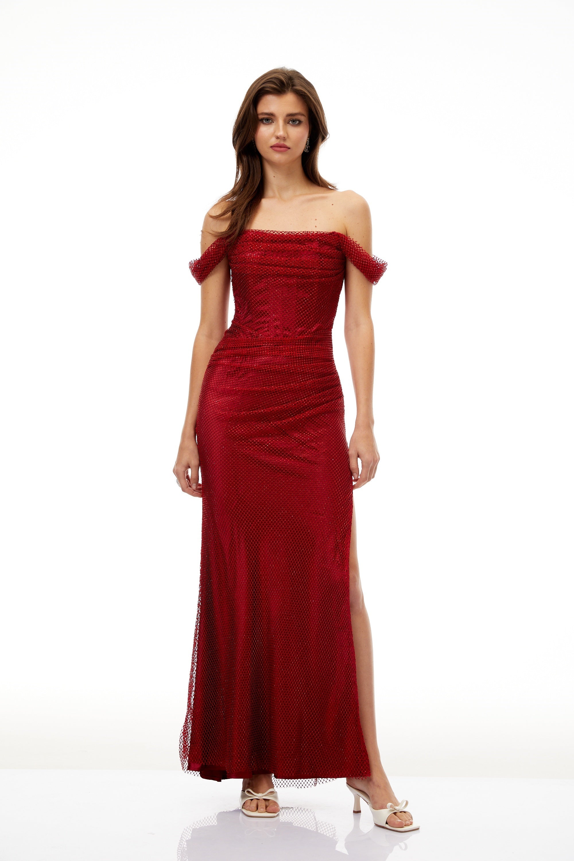 Scarlet Red Off-Shoulder Rhinestone Evening Gown (Final Sale)