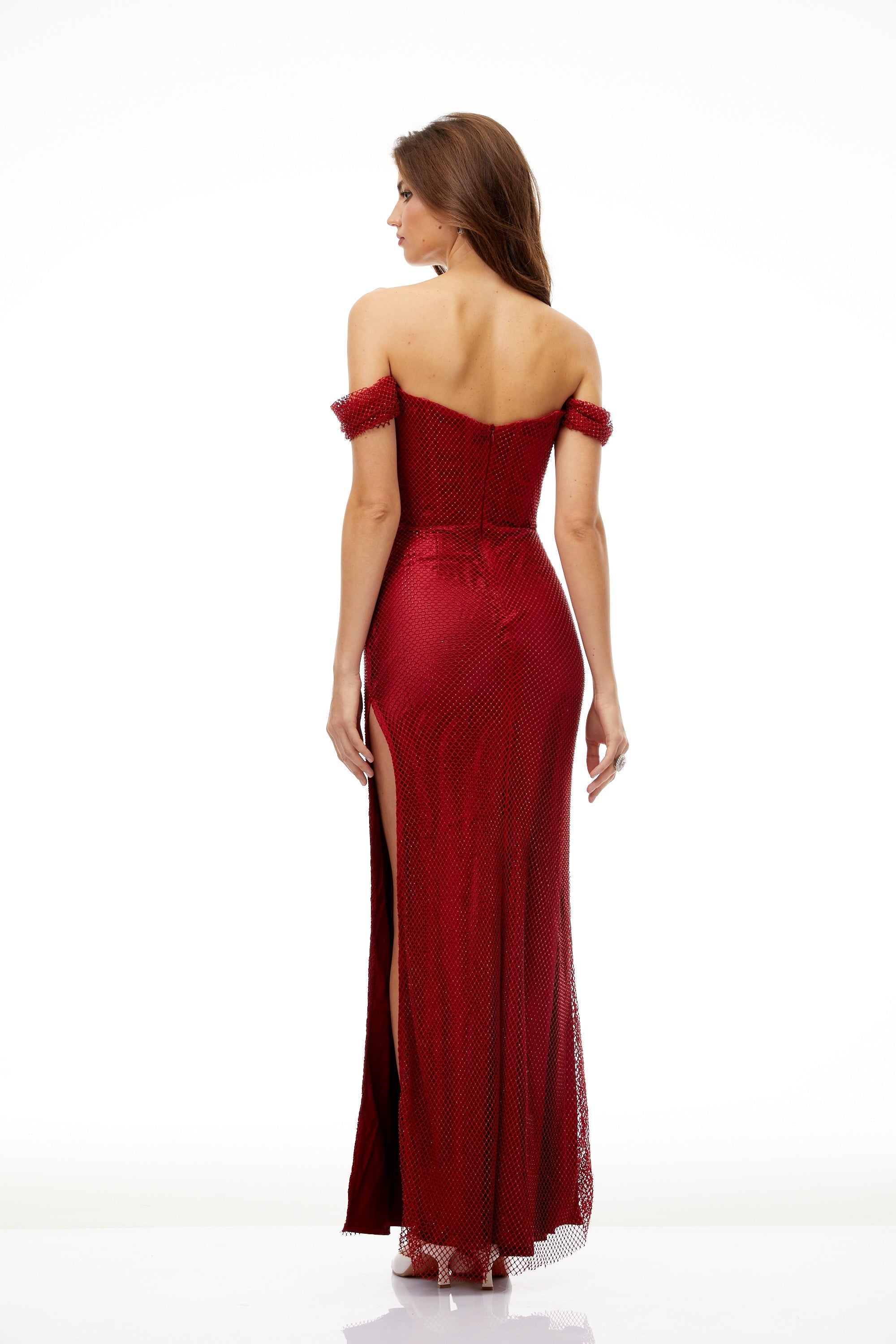 Scarlet Red Off-Shoulder Rhinestone Evening Gown (Final Sale)