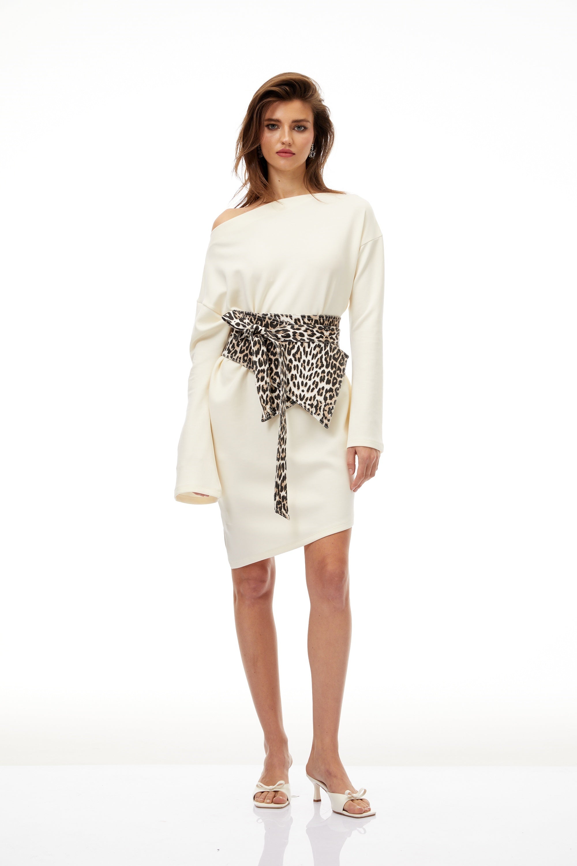 Gerta White Leopard Waistband Asymmetrical Mini Dress