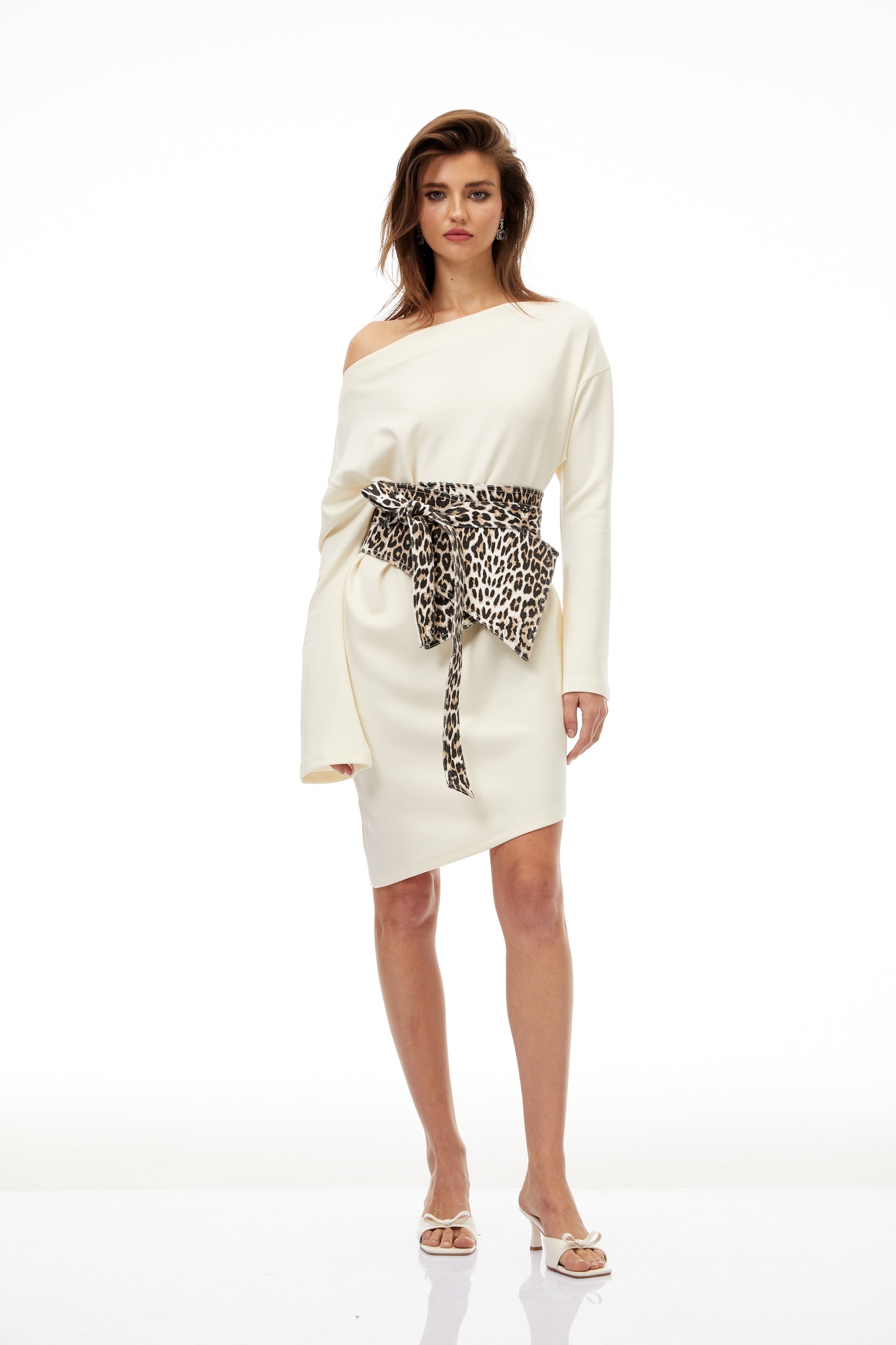 Gerta White Leopard Waistband Asymmetrical Mini Dress