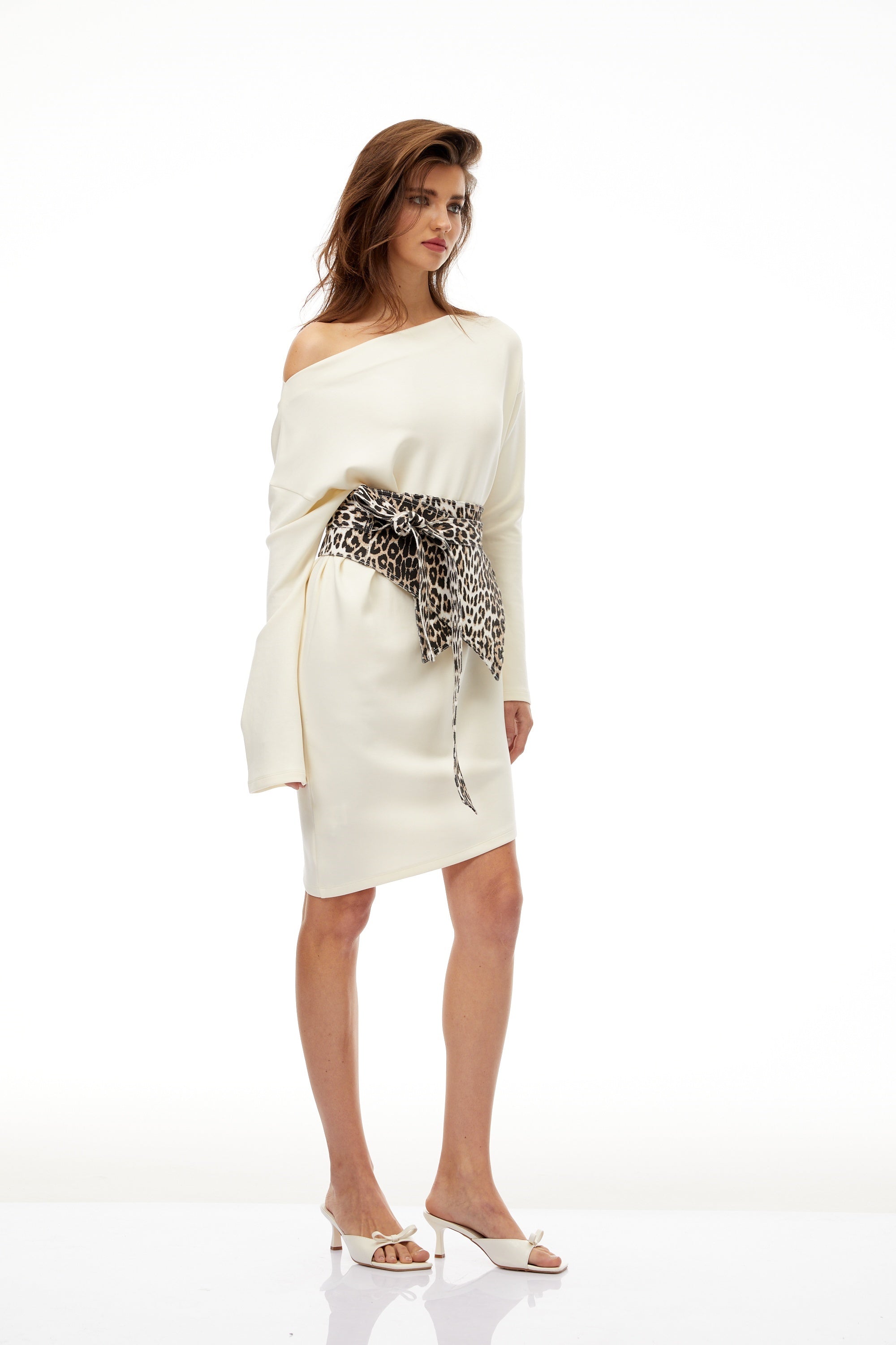 Gerta White Leopard Waistband Asymmetrical Mini Dress