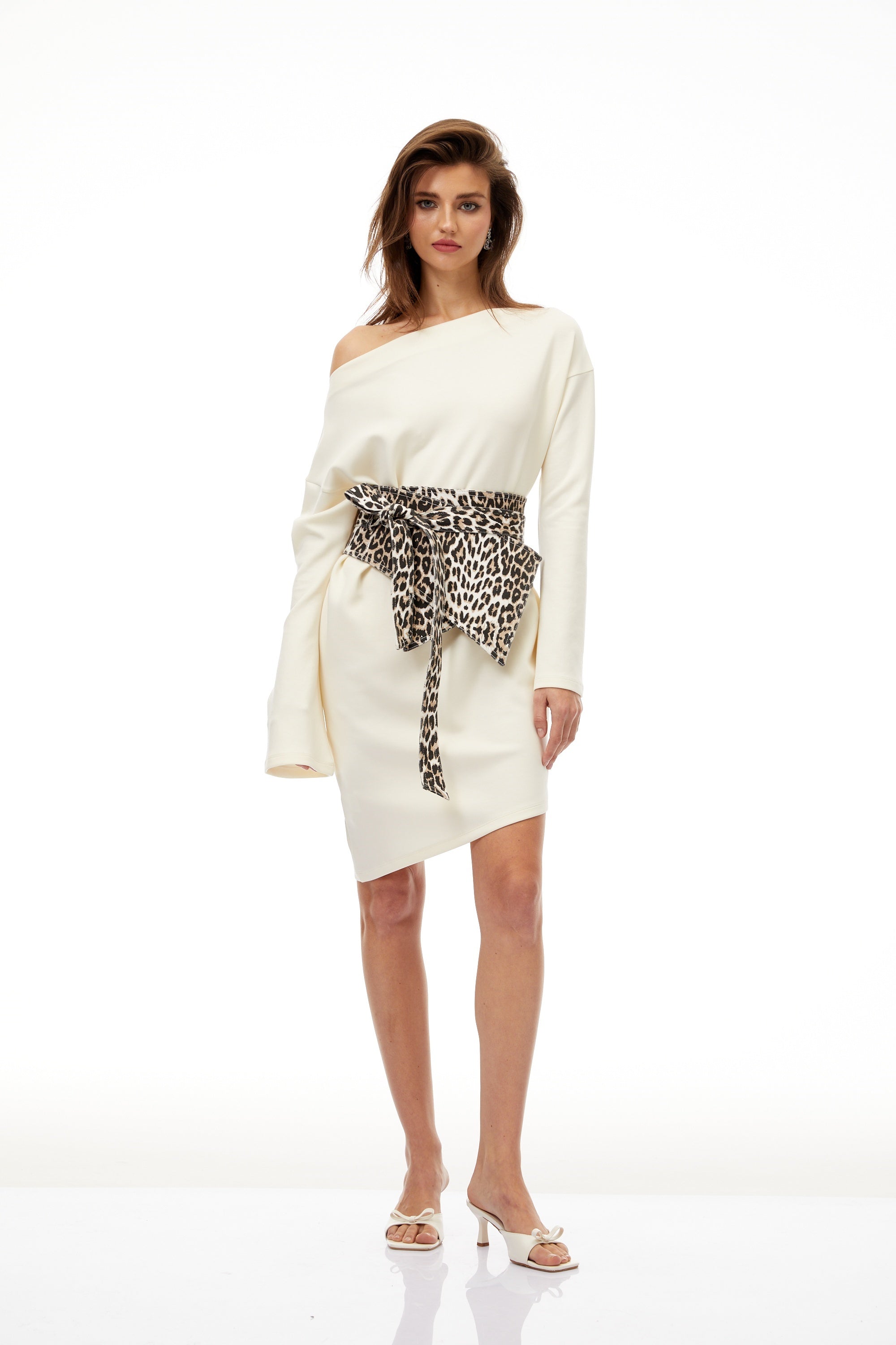 Gerta White Leopard Waistband Asymmetrical Mini Dress