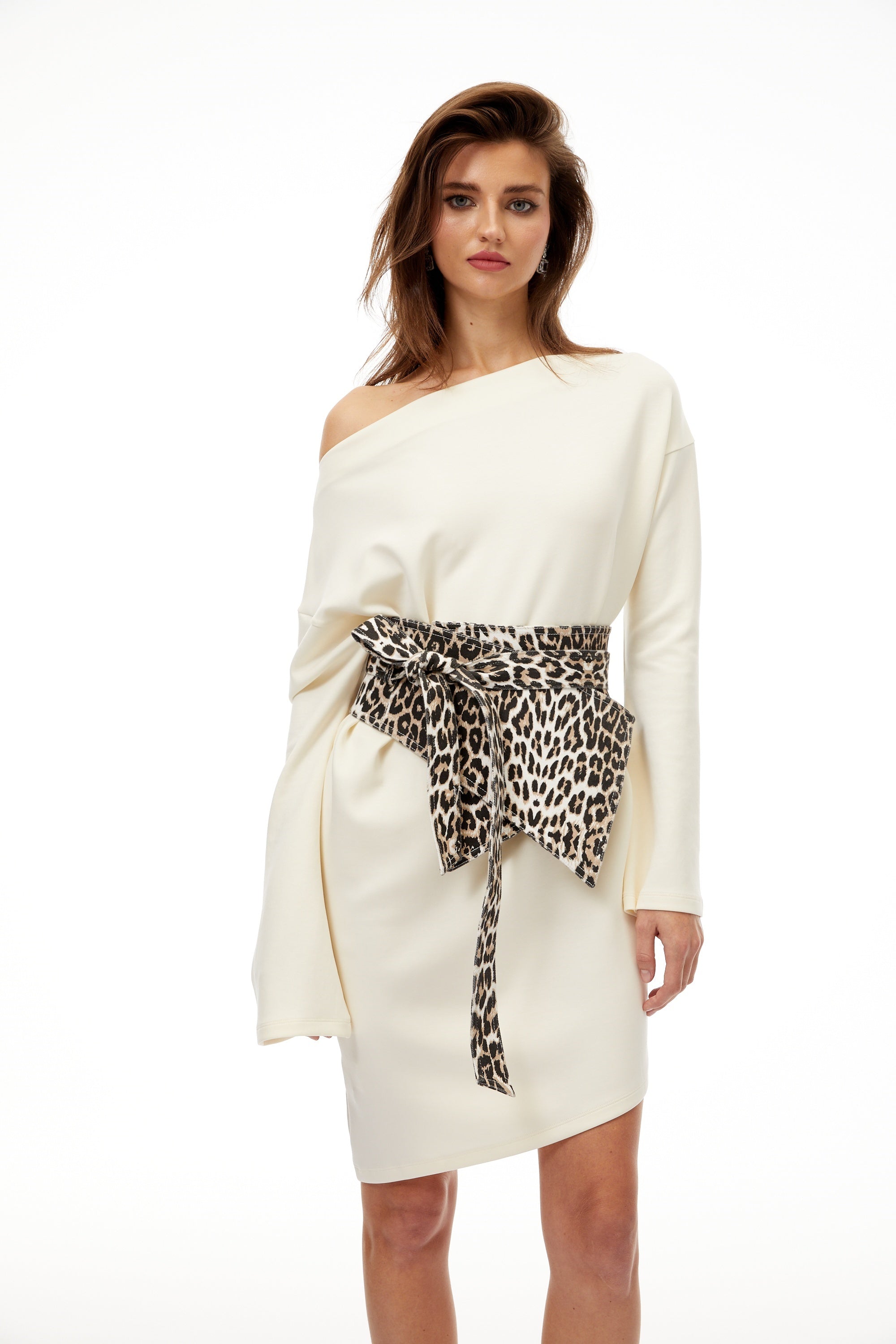Gerta White Leopard Waistband Asymmetrical Mini Dress
