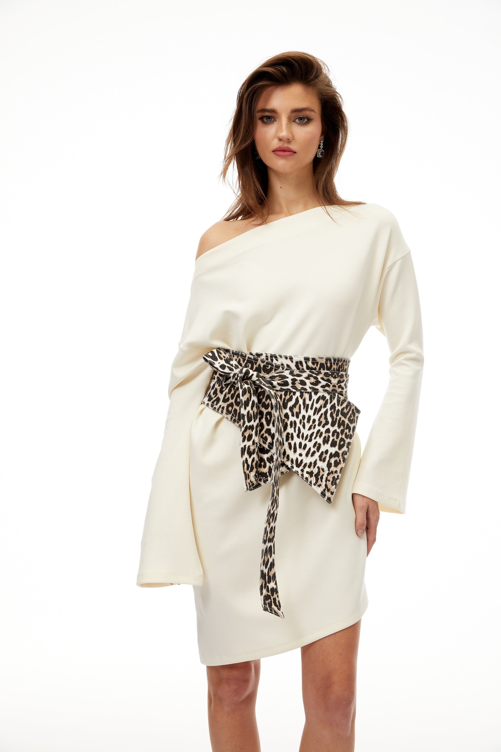 Gerta White Leopard Waistband Asymmetrical Mini Dress