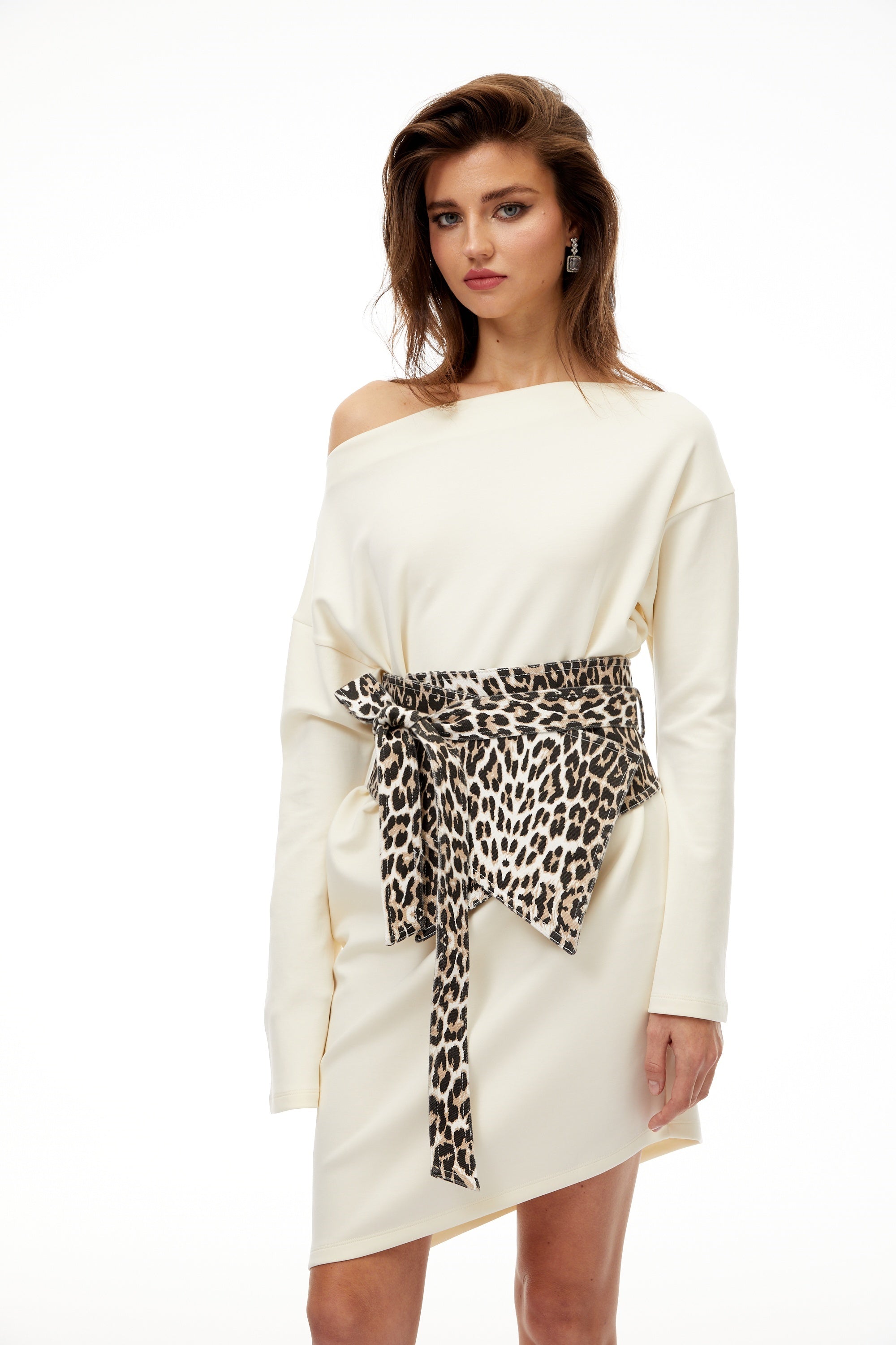 Gerta White Leopard Waistband Asymmetrical Mini Dress