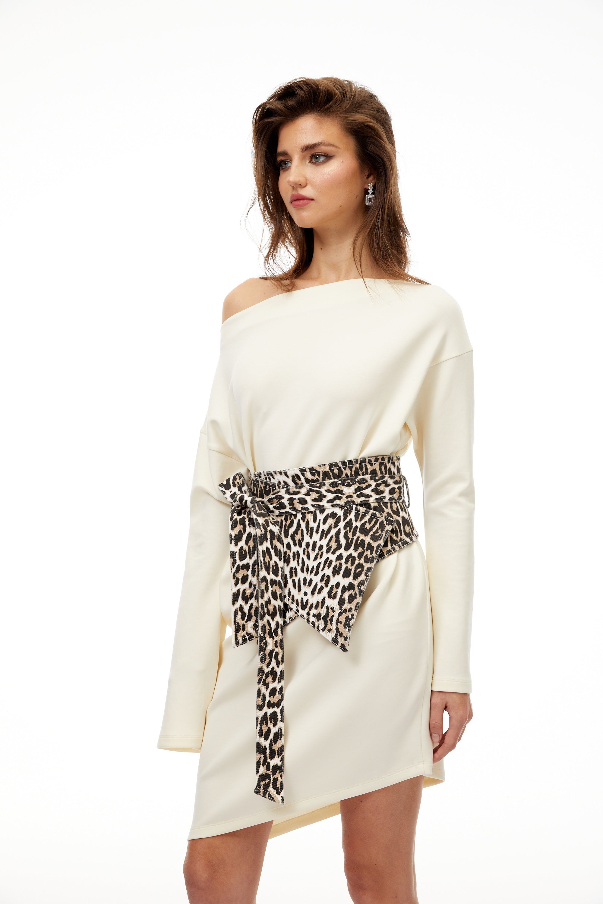 Gerta White Leopard Waistband Asymmetrical Mini Dress