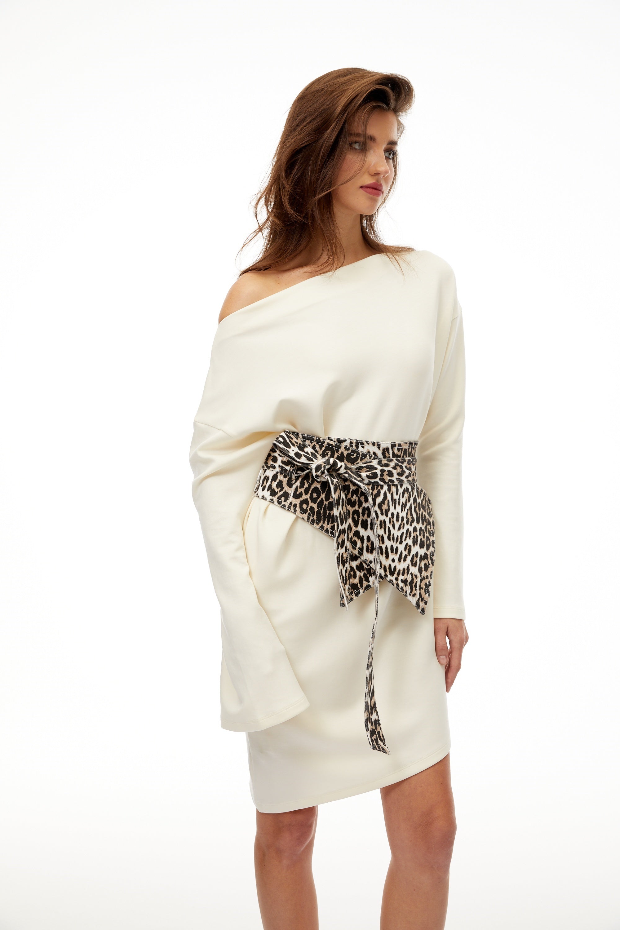 Gerta White Leopard Waistband Asymmetrical Mini Dress