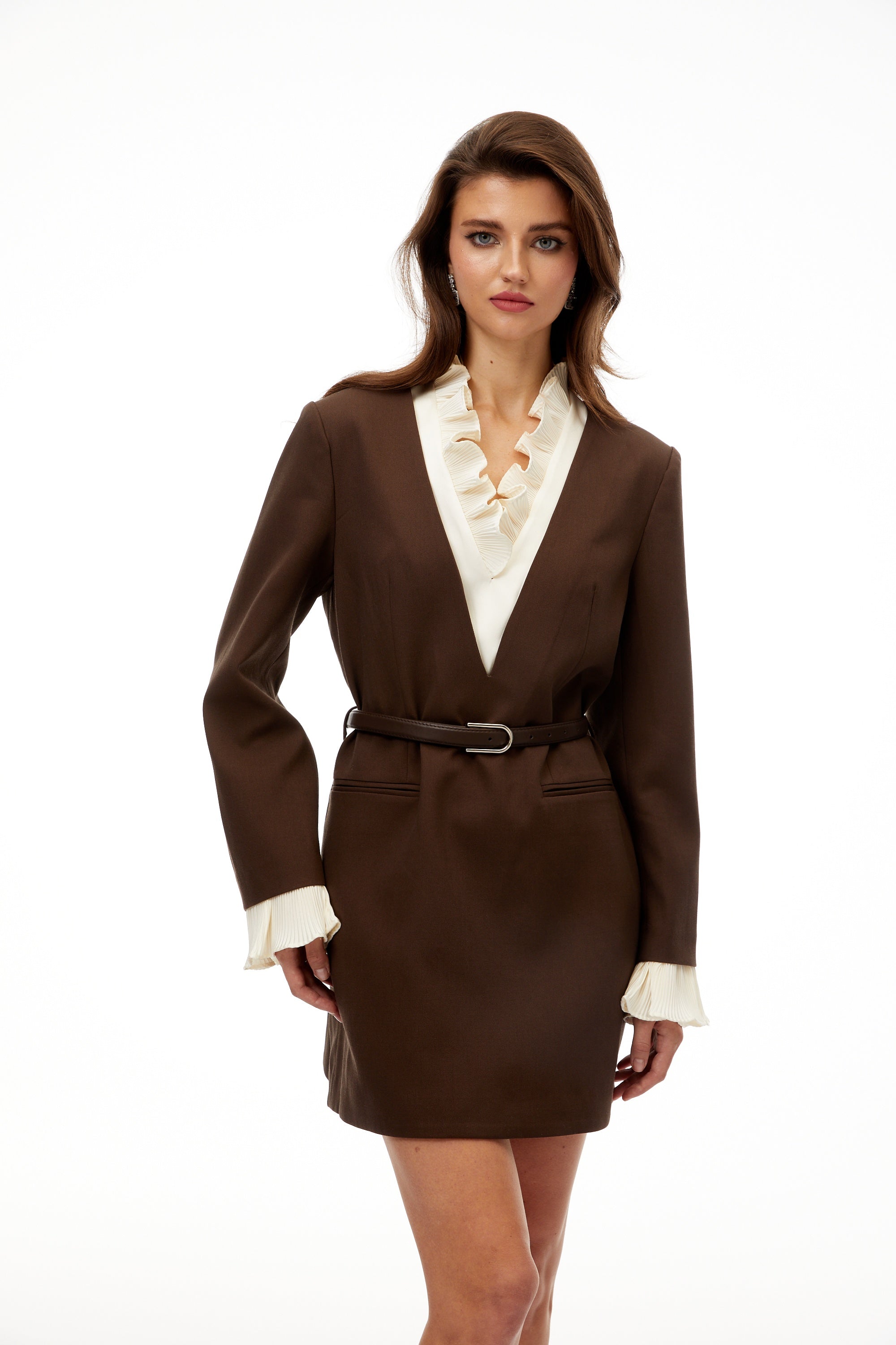 Agata Brown Ruffled Trim Mini Blazer Dress