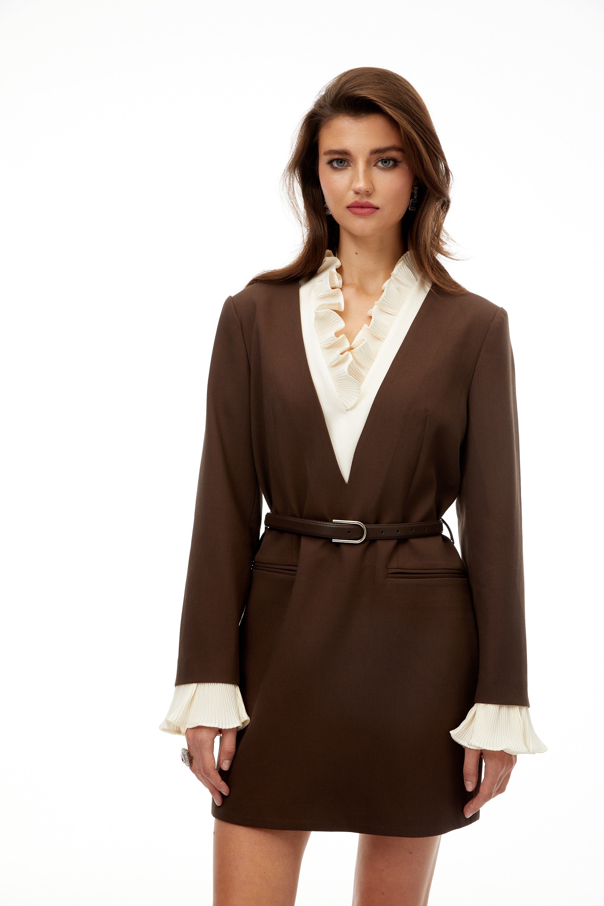 Agata Brown Ruffled Trim Mini Blazer Dress