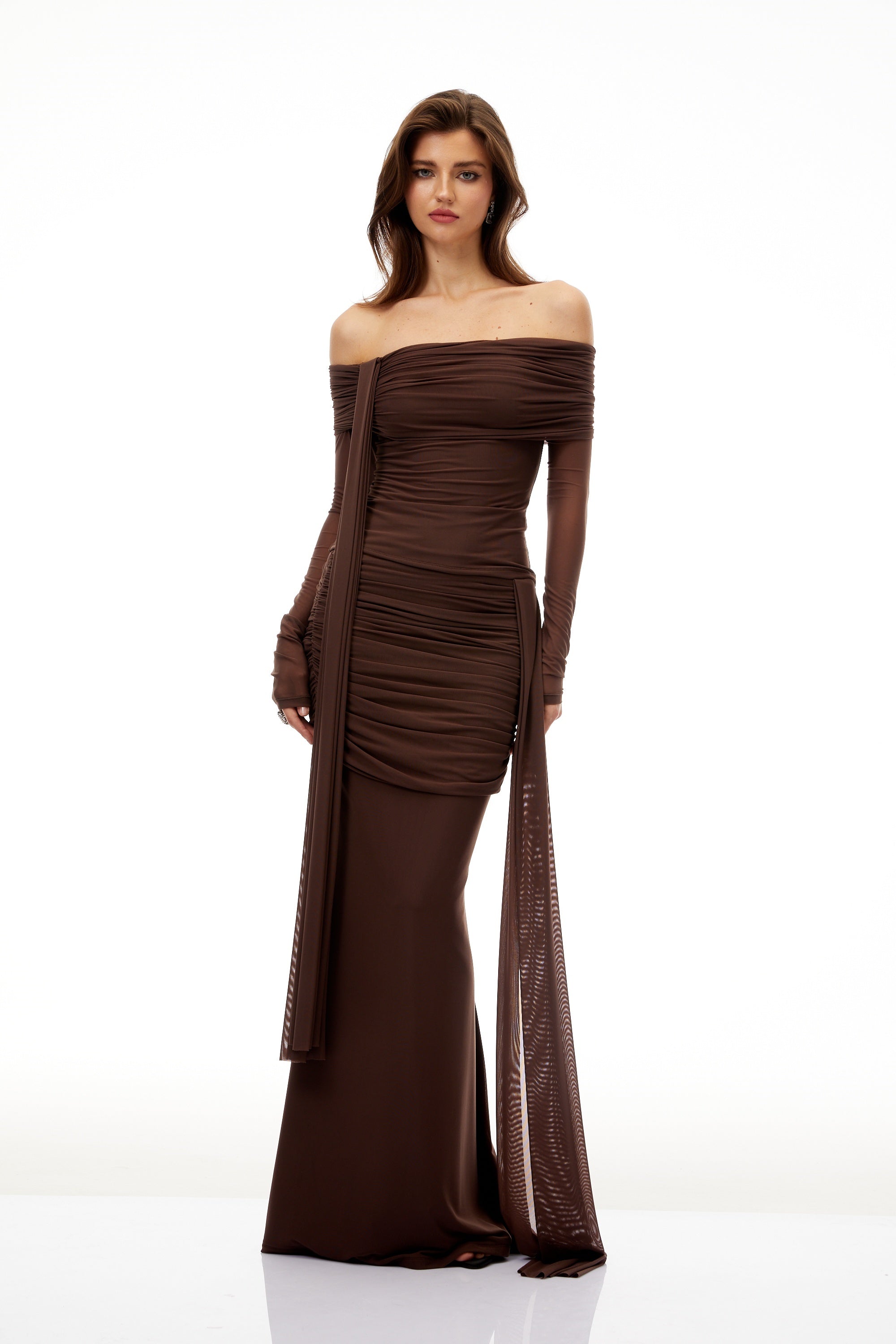 Hyacinthe Brown Asymmetrical Ruched Top & Skirt Set